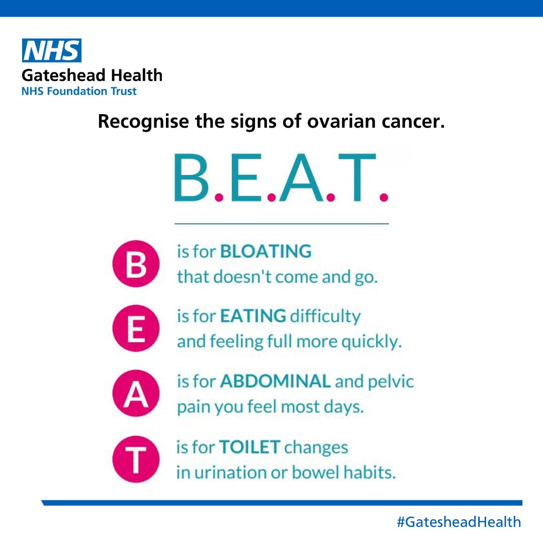 🌸 Recognise the signs of ovarian cancer. B.E.A.T.

B is for BLOATING that doesn't come and go.
E is for EATING difficulty and feeling full more quickly.
A is for ABDOMINAL and pelvic pain you feel most days.
T is for TOILET changes in urination or bowel habits.

#GatesheadHealth