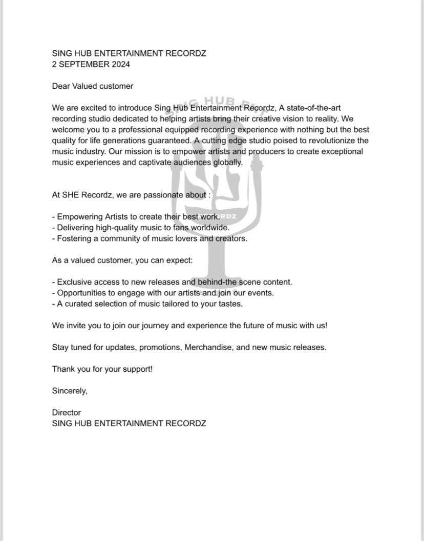 sing_hubent's tweet image. 🚨🚨🚨🚨🚨This very morning Sing hub Entertainment Recordz [PTY/LTD] is happy to officially launch it's Logo along with a statement confirming
business trades