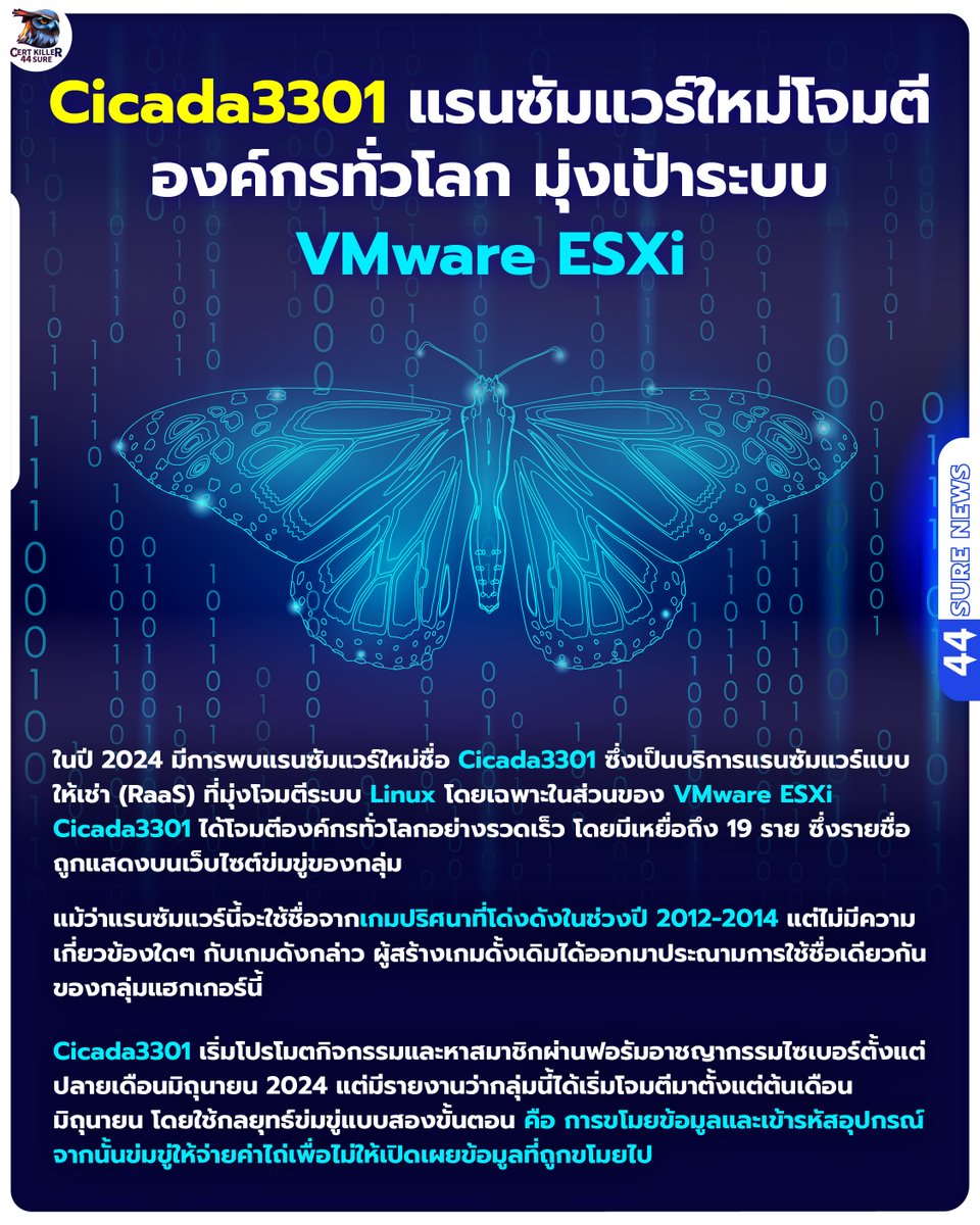 csingh1729's tweet image. 📷Cicada3301 แรนซัมแวร์ใหม่โจมตีองค์กรทั่วโลก 📷
มุ่งเป้าระบบ VMware ESXi
#Cicada3301 #VMwareESXi