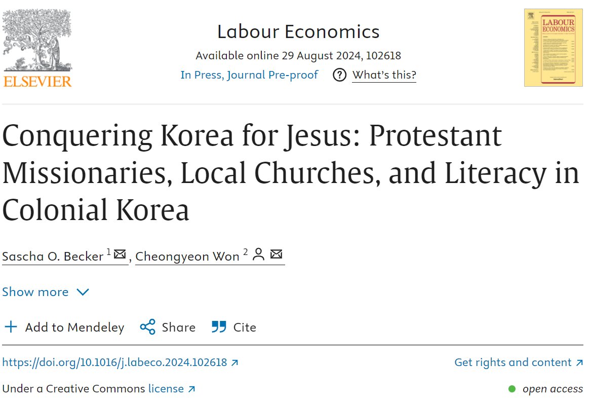 📣 #PublicationAlert "Conquering Korea for Jesus: Protestant Missionaries, Local Churches, and Literacy in Colonial Korea", by Project Leader @essobecker and Cheongyeon Won (<a href="/MonashUni/">Monash University</a> <a href="/TheRealSodaLabs/">Monash SoDa Labs 🥤📊</a>), is now forthcoming in Labour Economics: sciencedirect.com/science/articl…