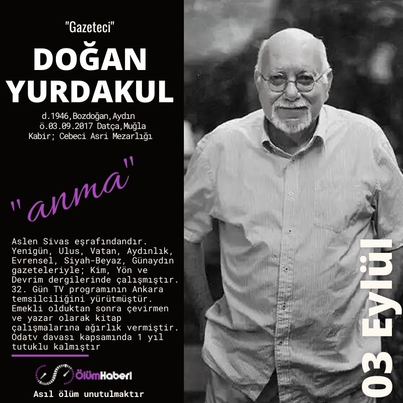 OlumHaberi's tweet photo. GÜNÜN ANMALARI.. (02. Eylül)
Feri Cansel
Doğan Yurdakul
Alev sezer
https://t.co/RTEnKo3F8E Ölüm yıldönümlerinde "insani hatırlatmalar" yapar
#anma #istanbul #FeriCansel #DoganYurdakul #Alevsezer https://t.co/vsU6fQsn2S