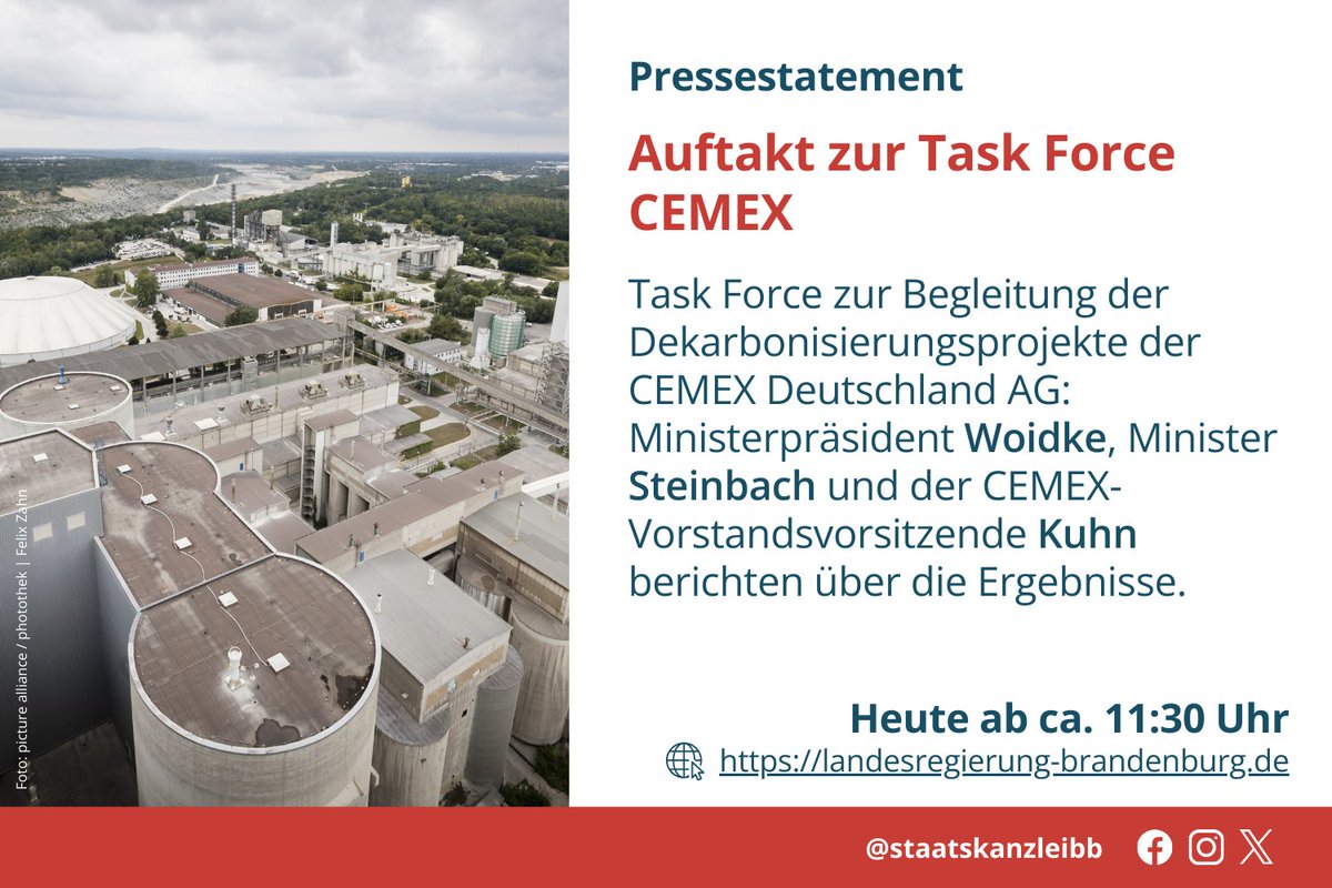 Staatskanzlei Brandenburg (@staatskanzleibb) on Twitter photo Task Force #Cemex - Ministerpräsident Dietmar #Woidke, Wirtschaftsminister <a href="/joergstb/">Jörg Steinbach @joergstb.bsky.social</a> und Rüdiger Kuhn von <a href="/CEMEX_Germany/">CEMEX Deutschland</a> berichten über die Auftaktgespräche. Heute ab 11:30 Uhr ➡️ landesregierung-brandenburg.de Task Force #Cemex - Ministerpräsident Dietmar #Woidke, Wirtschaftsminister <a href="/joergstb/">Jörg Steinbach @joergstb.bsky.social</a> und Rüdiger Kuhn von <a href="/CEMEX_Germany/">CEMEX Deutschland</a> berichten über die Auftaktgespräche. Heute ab 11:30 Uhr ➡️ landesregierung-brandenburg.de