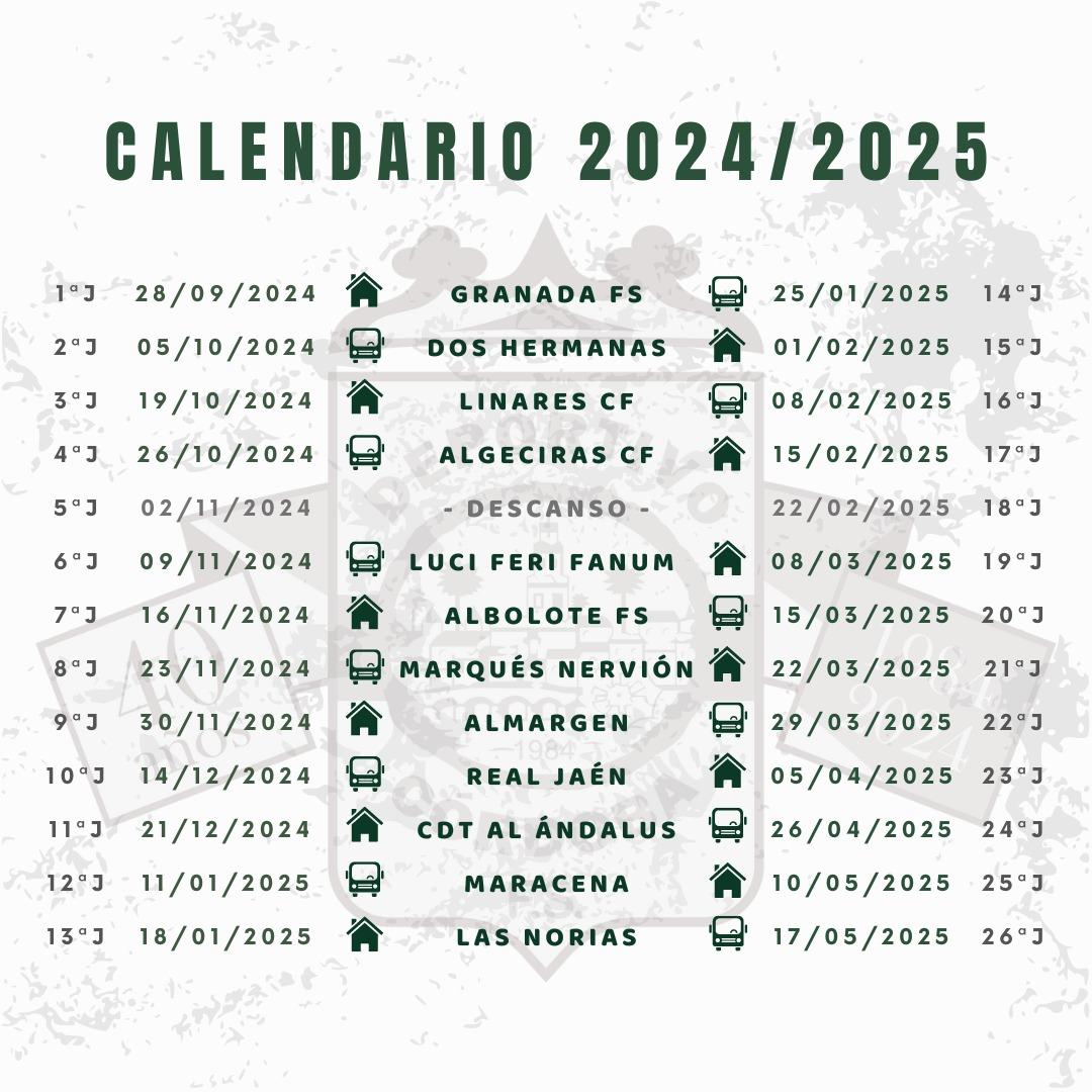 ✍️ Tomad nota de nuestro calendario en División de Honor 2024/25

Será un placer enfrentarnos a <a href="/GranadaFS/">SIMA Granada F.S.</a> <a href="/NazarenoDHFS/">Grupo Torneo Nazareno Dos Hermanas FS</a> <a href="/LinaresFutsal/">Linares Futsal</a> <a href="/AlgecirasFs/">Algeciras FS</a> <a href="/LuciFeri_fsf/">Luci Feri</a> <a href="/albolote_futsal/">C.D. Albolote Futsal</a> <a href="/CDMARQUESDNERV/">C.D.Marqués de Nervión</a> <a href="/CDALMARGENUD/">CD Almargen Unión Dva</a> <a href="/RealJaenCF_fem/">Real Jaén C.F. Femenino</a> <a href="/Alandaluscdt/">Club Deportivo de Técnicos Al-Ándalus</a> <a href="/udmaracena1945/">UD Maracena</a> y @l_norias 🤍💚
