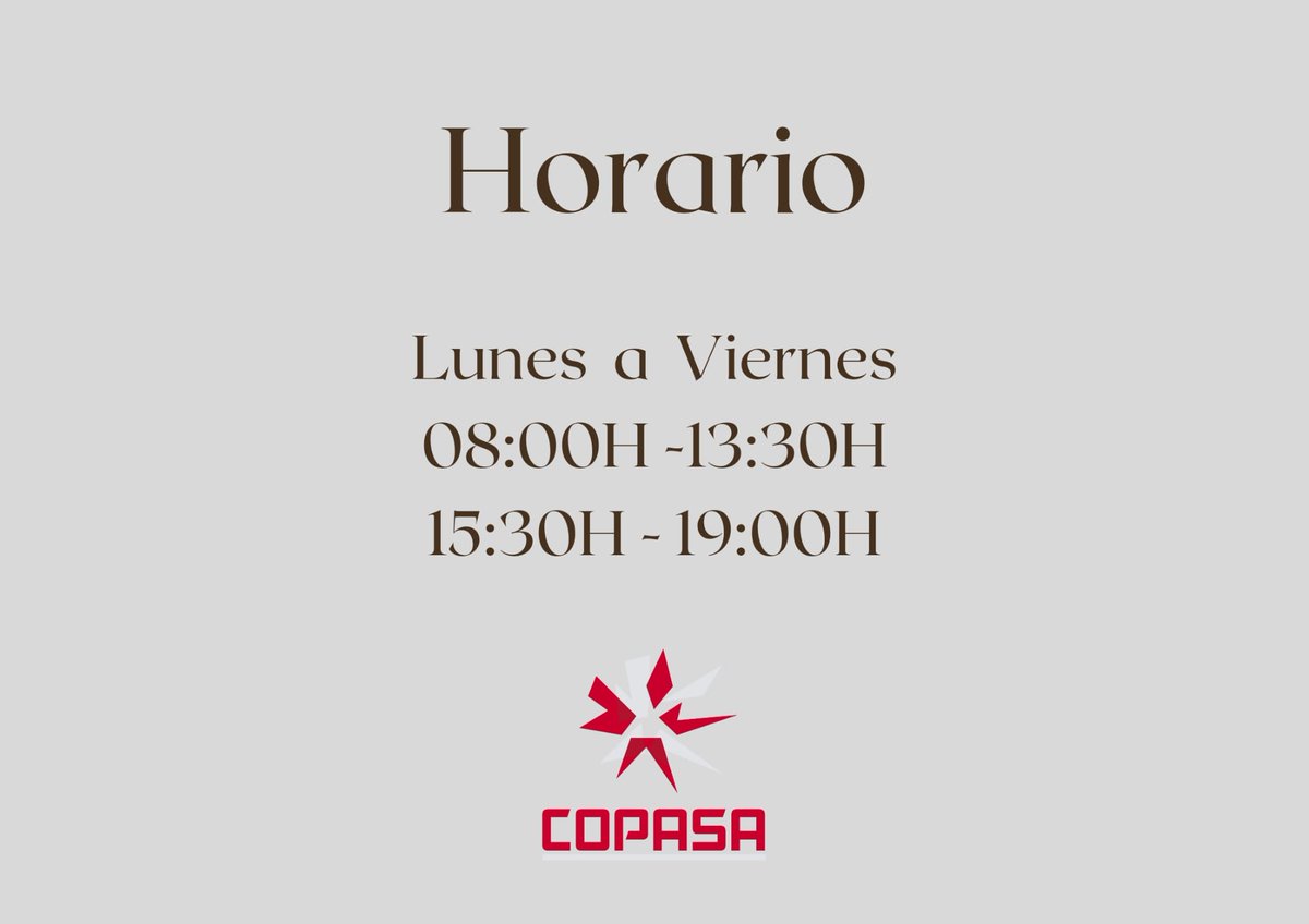 Copasa (@copasasalamanca) on Twitter photo 📣 Nuevo horario.
💻 copasa.org
☎ 923.192.312 / 923.192.317
📩 copasa@copasa.org
#copasa #calidad #piensos #salamanca #septiembre 📣 Nuevo horario.
💻 copasa.org
☎ 923.192.312 / 923.192.317
📩 copasa@copasa.org
#copasa #calidad #piensos #salamanca #septiembre