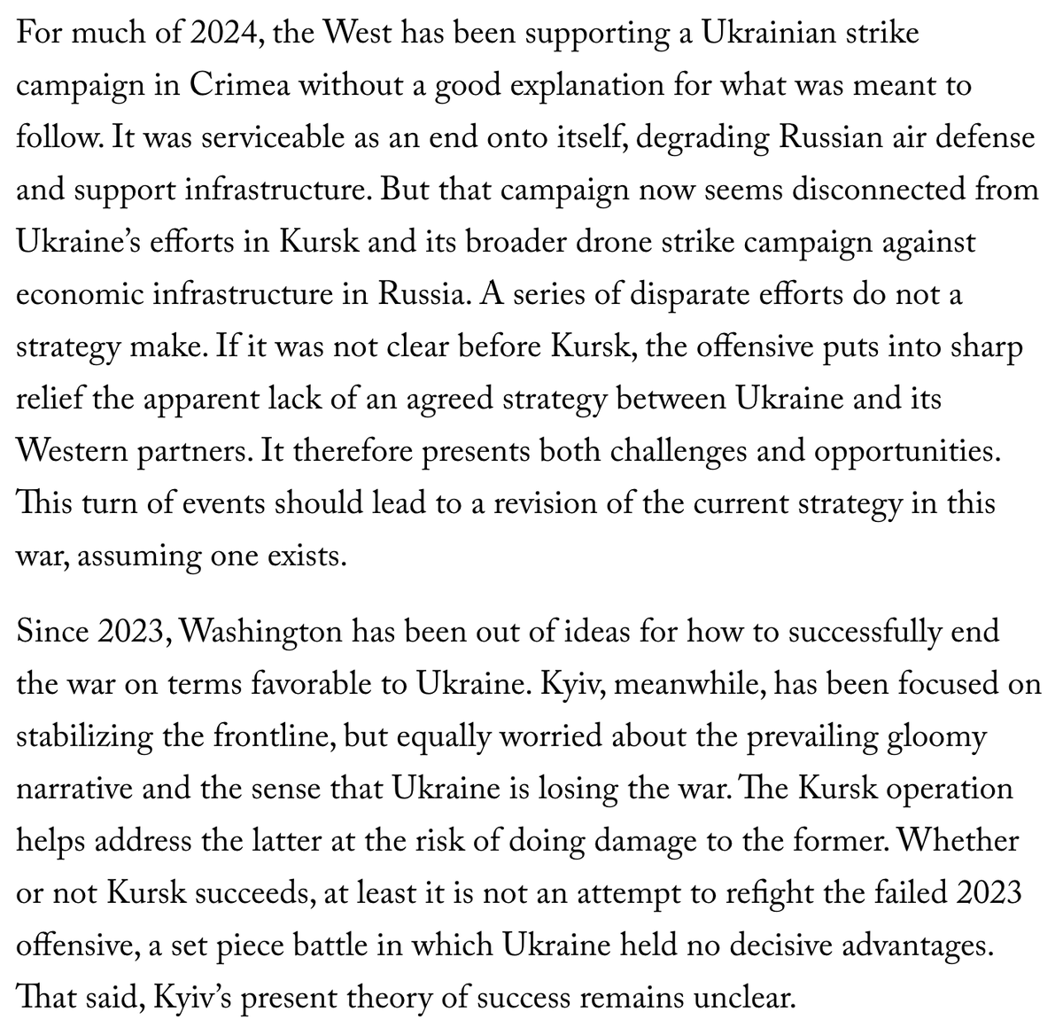 Very good overview of Ukraine's Kursk operation, risks vs rewards, current battlefield dynamics, and current strategy (or lack thereof), by <a href="/KofmanMichael/">Michael Kofman</a> &amp; <a href="/RALee85/">Rob Lee</a>. Some key parts that stuck out to me in screenshots below. foreignaffairs.com/ukraine/ukrain…