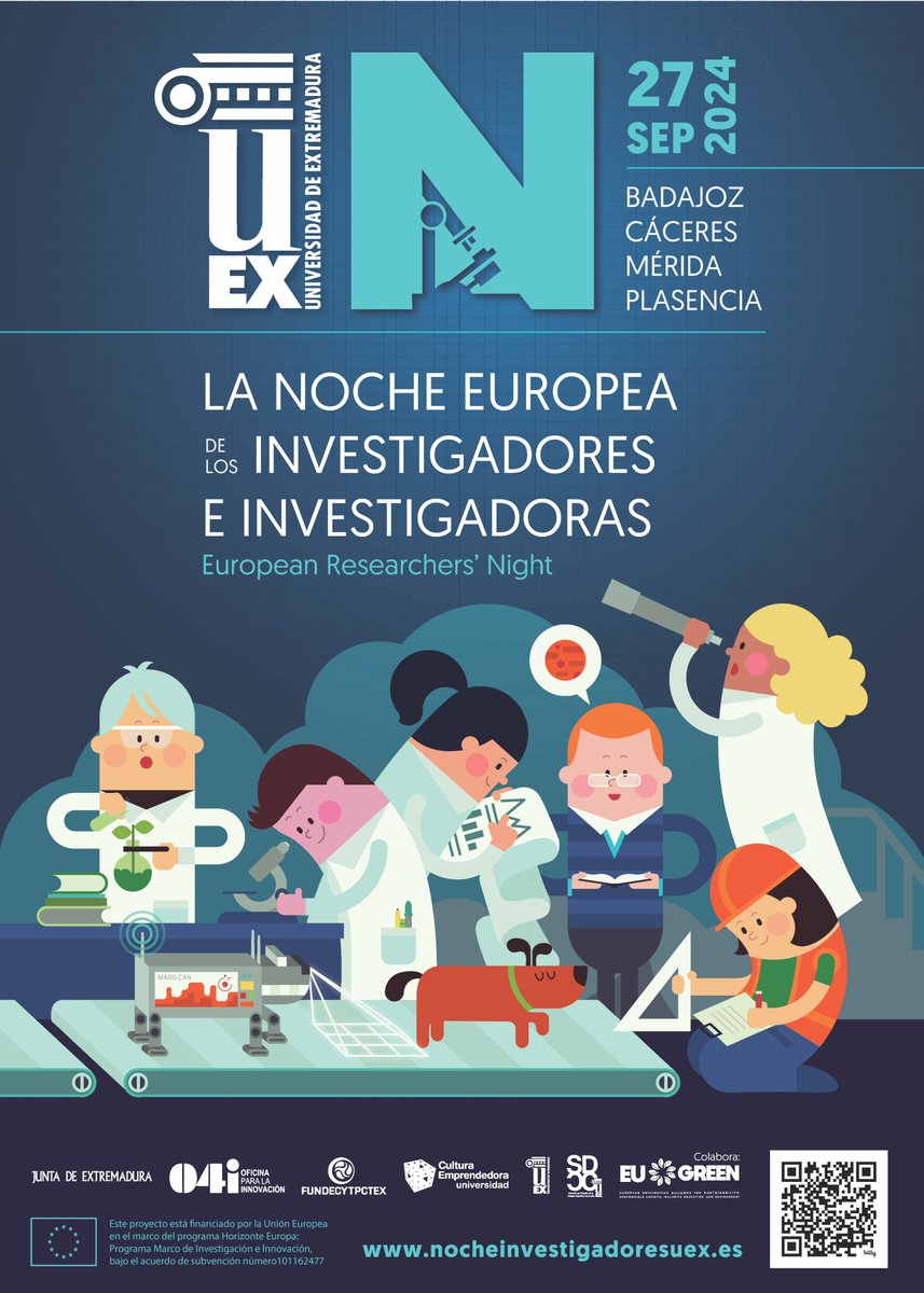Cultura Científica UEx (@uexdivulga) on Twitter photo 🗓️¡Marca tu calendario! El 27 de septiembre vuelve la Noche Europea de los Investigadores 🧪🔬
🌟Únete a una velada llena de ciencia y diversión, donde podrás conocer a nuestr@s investigador@s <a href="/infouex/">UEx</a>
#EuropeanResearchersNight #NightSpain <a href="/uni_g9/">G-9 de Universidades</a> <a href="/MSCActions/">Marie Skłodowska-Curie Actions</a> 🗓️¡Marca tu calendario! El 27 de septiembre vuelve la Noche Europea de los Investigadores 🧪🔬
🌟Únete a una velada llena de ciencia y diversión, donde podrás conocer a nuestr@s investigador@s <a href="/infouex/">UEx</a>
#EuropeanResearchersNight #NightSpain <a href="/uni_g9/">G-9 de Universidades</a> <a href="/MSCActions/">Marie Skłodowska-Curie Actions</a>