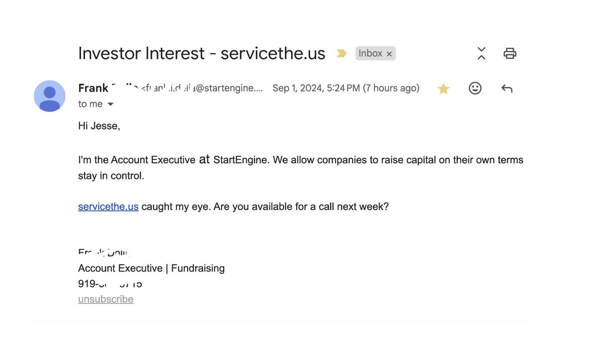 scriptuous's tweet image. The all-to-famous StartEngine team has (finally) emailed me expressing interest in one my tech startup idea named servicethe.us .

Feeling really good about it and can't wait to talk to these guys!