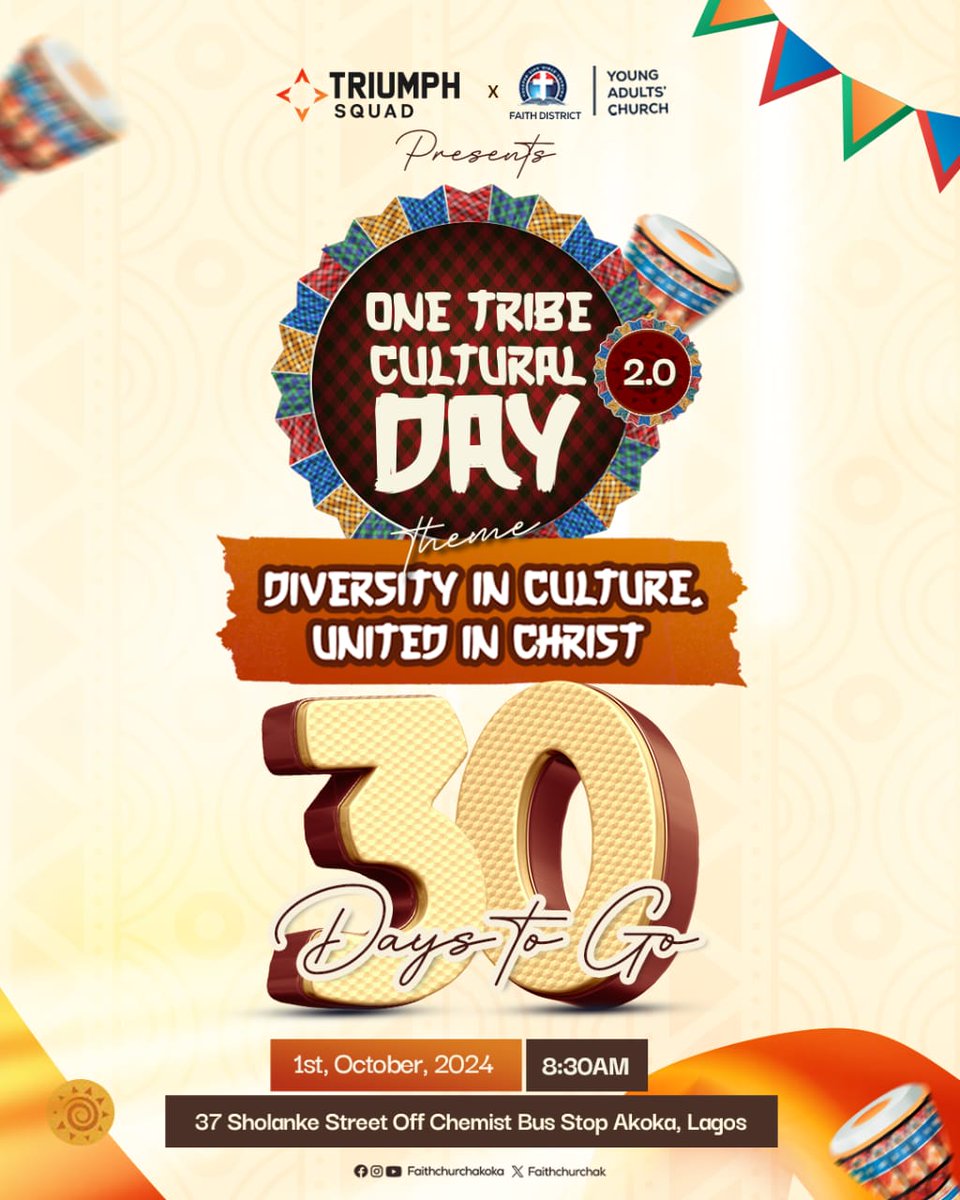 triumphfam24's tweet image. Ladies and Gentlemen,

The official date for our One-Tribe Cultural Day is 1st October 2024!

Counting down to 30 days from today 💪💪💪

#OneTribeCulturalDay  
#CountdownToUnity  
#1stOctober2024  
#CulturalCelebration  
#UnityInDiversity  
#30DaysToGo  
#OneTribeOneFamily