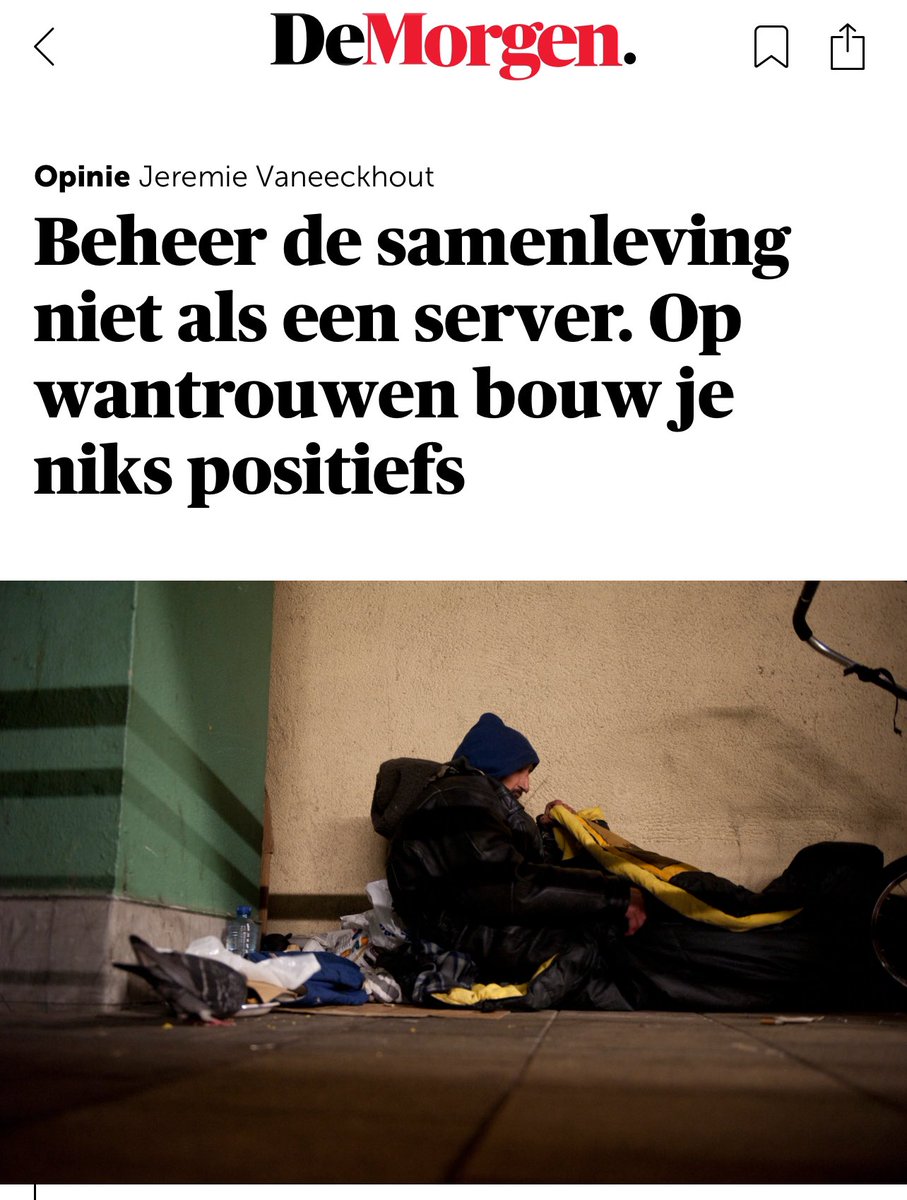In mijn pen gekropen voor <a href="/demorgen/">De Morgen</a> over het mensbeeld onder de Vlaamse en federale formatie.

Hoe drijf je mensen als beleidsmaker uit elkaar? Door mensen consequent verdacht te maken. 

Het blijkt een onstuitbare drang vanuit vele politieke hoeken. 

demorgen.be/meningen/behee…