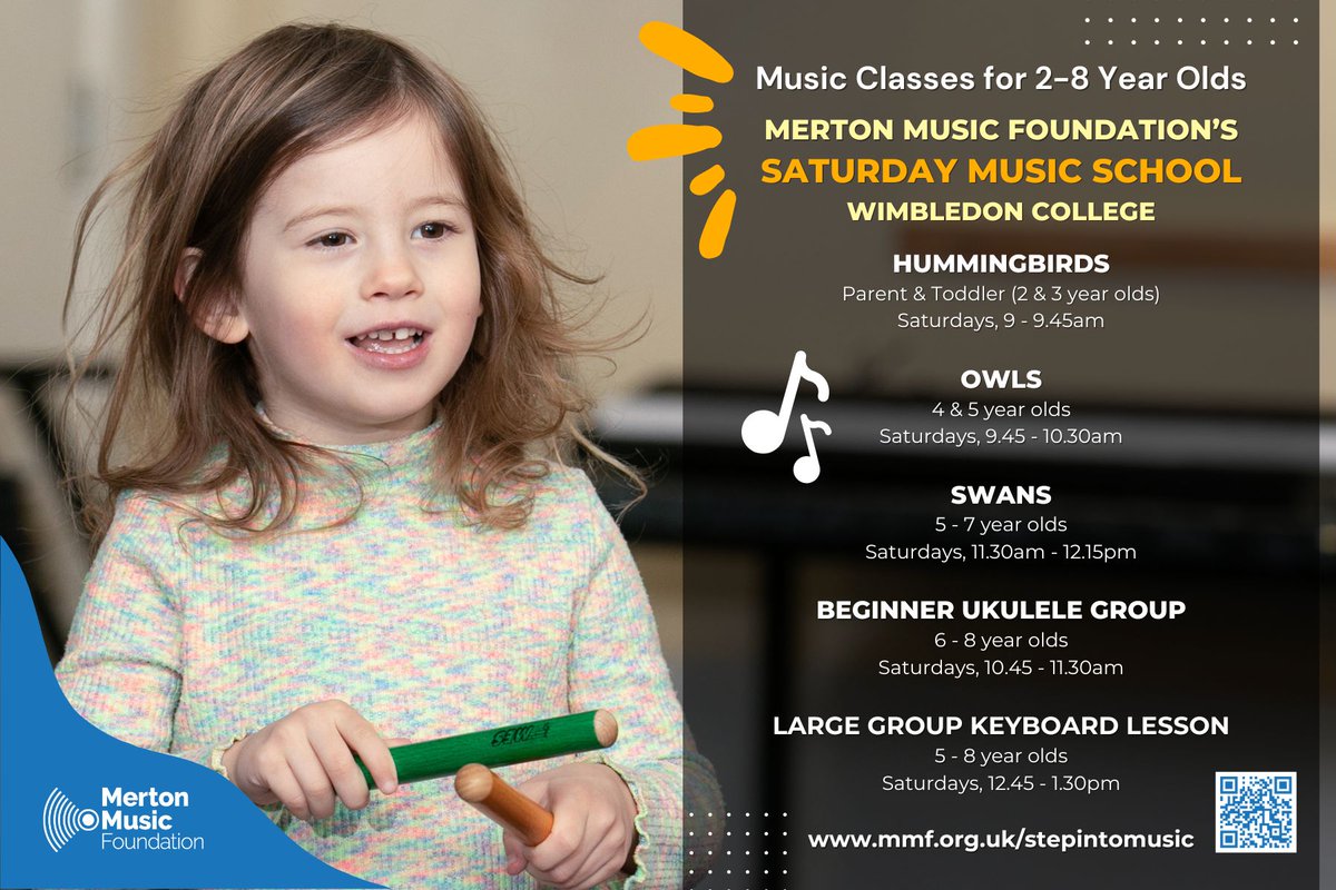🎶 Ready to start your child's musical journey?
Join our Saturday Music School at Wimbledon College! 
Classes for ages 2-8, including parent &amp; toddler, ukulele, keyboard &amp; more!
👉 mmf.org.uk/stepintomusic

#MertonMusic #MusicClasses #EarlyYearsMusic #Wimbledon
