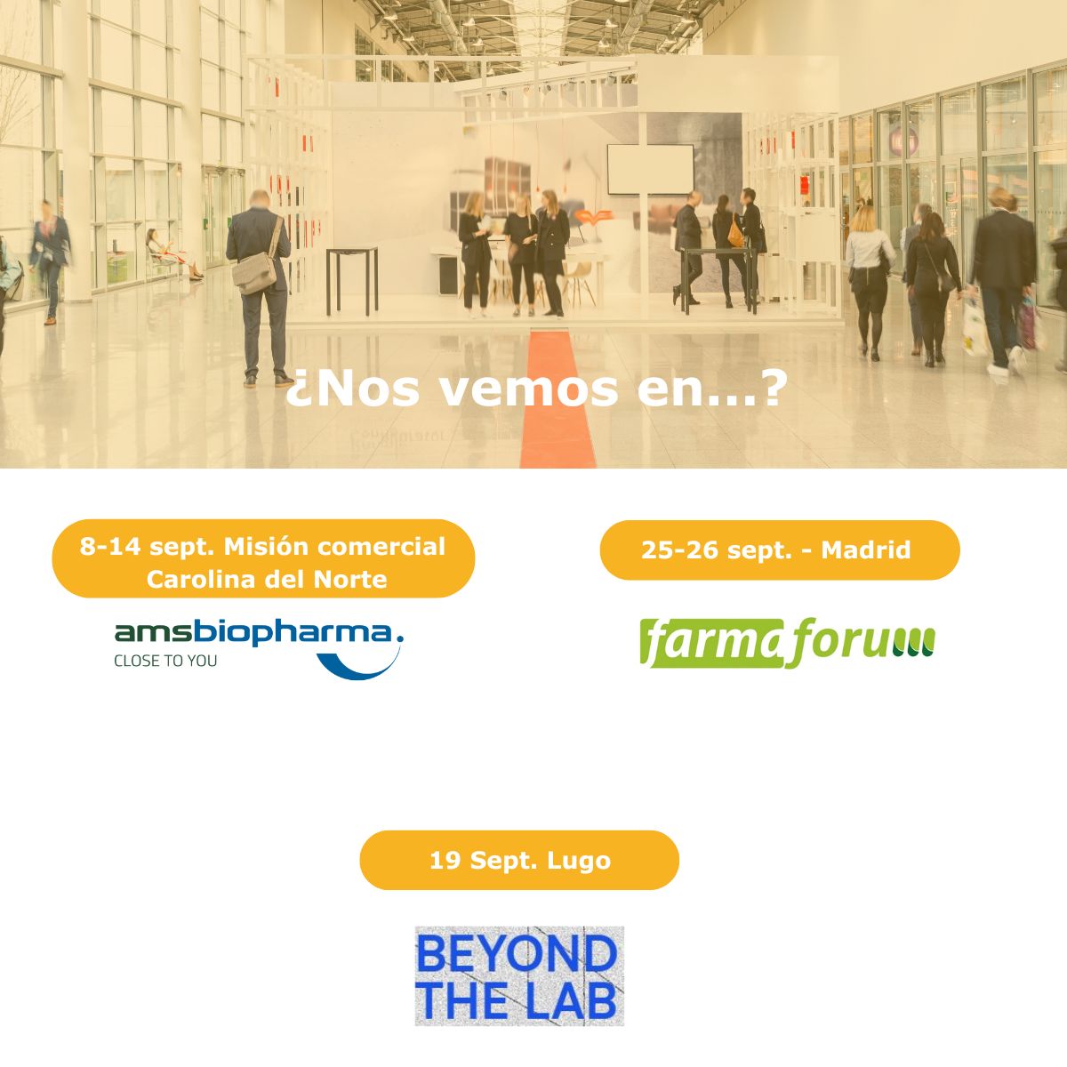 AMSlab (@amslab) on Twitter photo ¿Nos vemos en...? 🤗
<a href="/AMSbiopharma/">AMSbiopharma</a>
📅 8-14 septiembre
👨🔬 👩🔬 Misión Comercial
📍 Carolina del Norte
<a href="/AMSbiopharma/">AMSbiopharma</a> :
📅 25-26 de septiembre
💊 <a href="/farmaforum/">Farmaforum</a>
📍 Madrid
#AMSlab:
📅 19 de septiembre
🔬🍺 #BeyongTheLab, con <a href="/ingenyus_es/">ingenyus*</a>
📍 Lugo ¿Nos vemos en...? 🤗
<a href="/AMSbiopharma/">AMSbiopharma</a>
📅 8-14 septiembre
👨🔬 👩🔬 Misión Comercial
📍 Carolina del Norte
<a href="/AMSbiopharma/">AMSbiopharma</a> :
📅 25-26 de septiembre
💊 <a href="/farmaforum/">Farmaforum</a>
📍 Madrid
#AMSlab:
📅 19 de septiembre
🔬🍺 #BeyongTheLab, con <a href="/ingenyus_es/">ingenyus*</a>
📍 Lugo