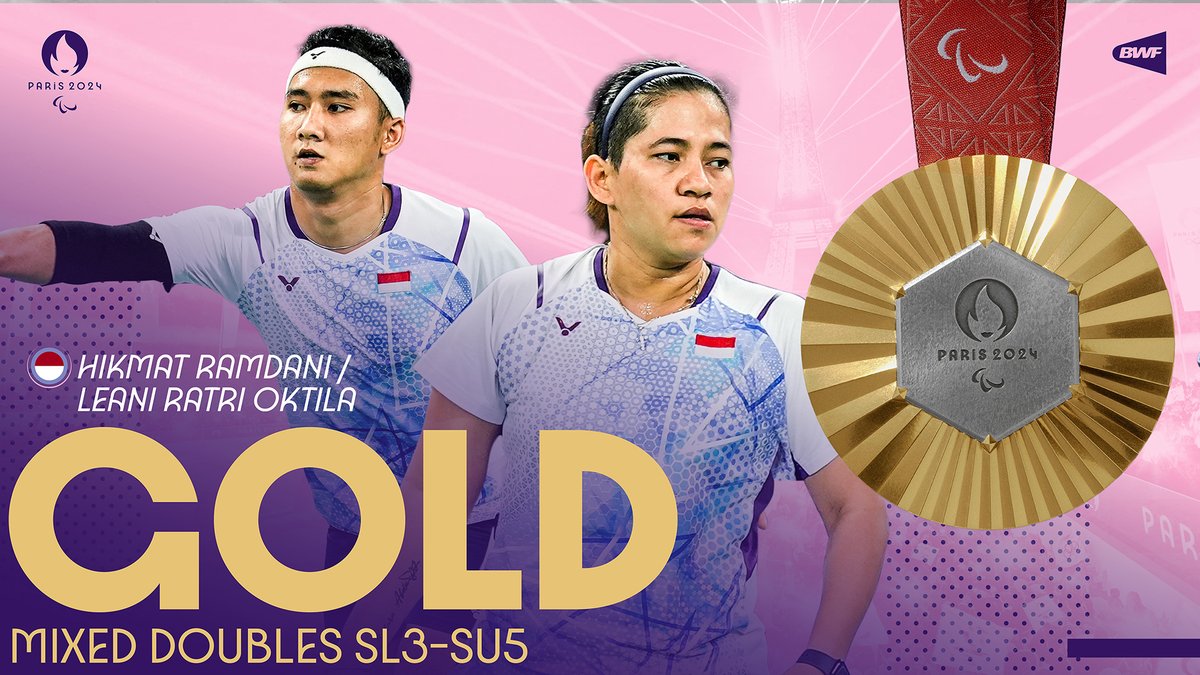 Gold and silver for Indonesia  🇮🇩  in mixed doubles SL3-SU5 and another 🥇 for legend Leani Ratri Oktila. #Paris2024 #Paralympics #Parabadminton