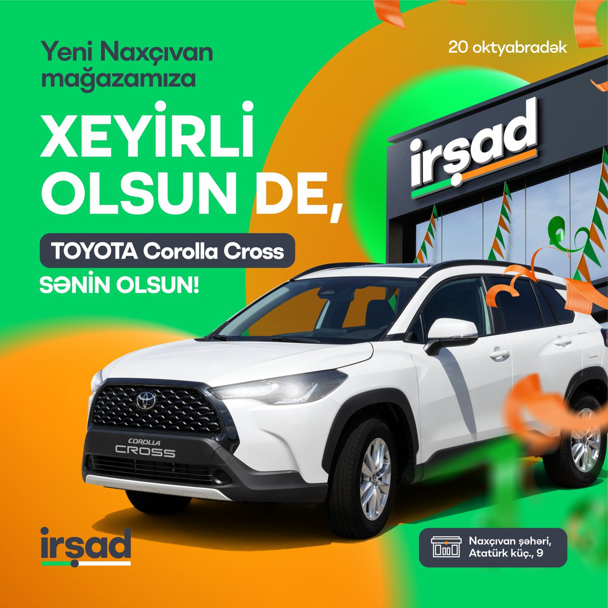 Biz Naxçıvandayıq, özü də maşınla😍 
Sən qazan deyə heç bir şərtimiz yoxdur!😉
Sadəcə Naxçıvan mağazamıza şəxsiyyət vəsiqənlə gəl, XEYİRLİ OLSUN de qeydiyyatdan keç və TOYOTA COROLLA CROSS qazanmaq şansını əldə et!🤩
Maşın sahibi olmaq üçün 20 oktyabradək müraciət edə bilərsən.