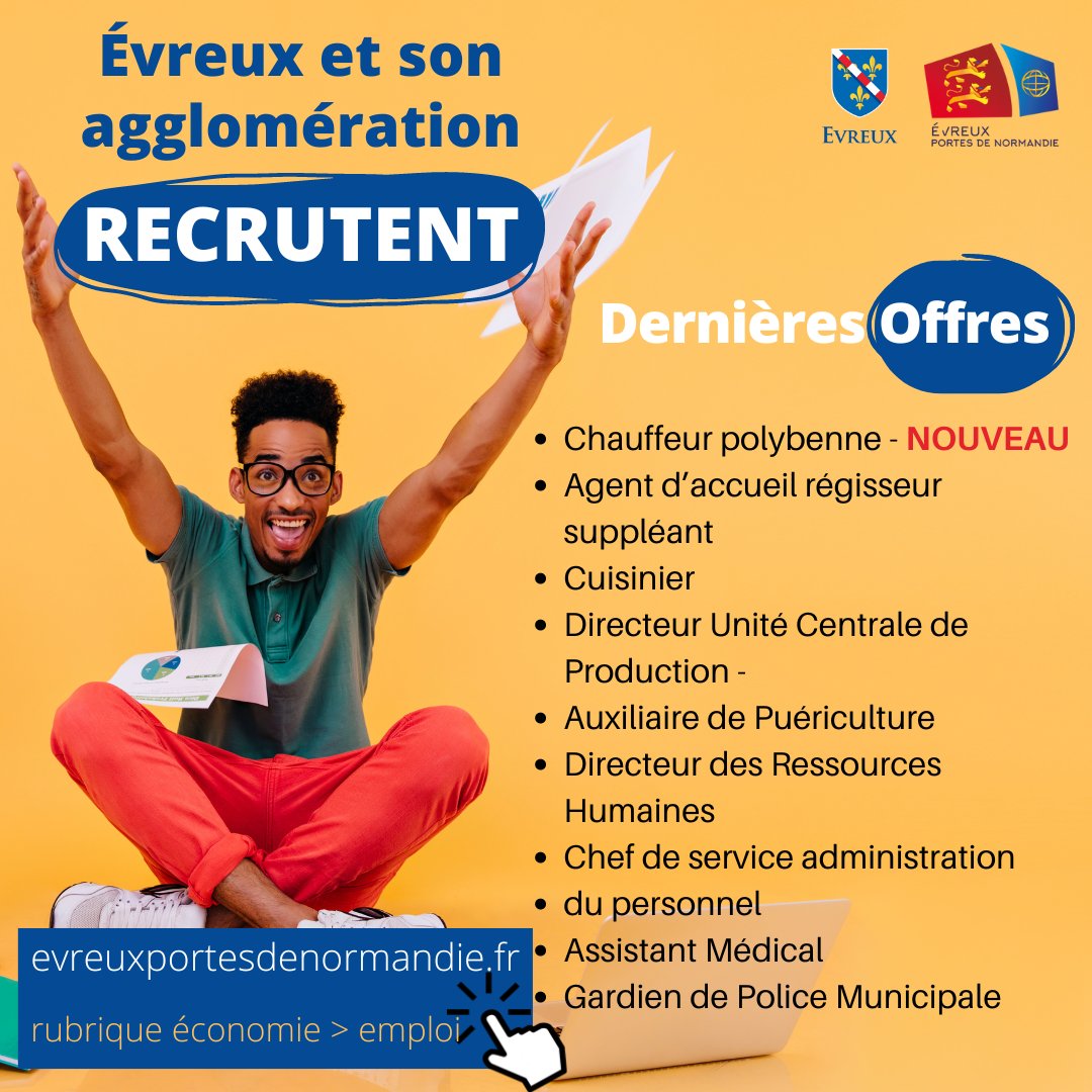 [#EMPLOI]

#Evreux et #aggloevreux recrutent !

&gt; Nouvelle offre : Chauffeur polybenne

&gt; Offres en cours : Accueil d'accueil régisseur suppléant / Cuisinier / ...

👉 Pour postuler, envoyez votre CV et lettre de motivation ⤵️
evreuxportesdenormandie.fr/285-evreux-por…