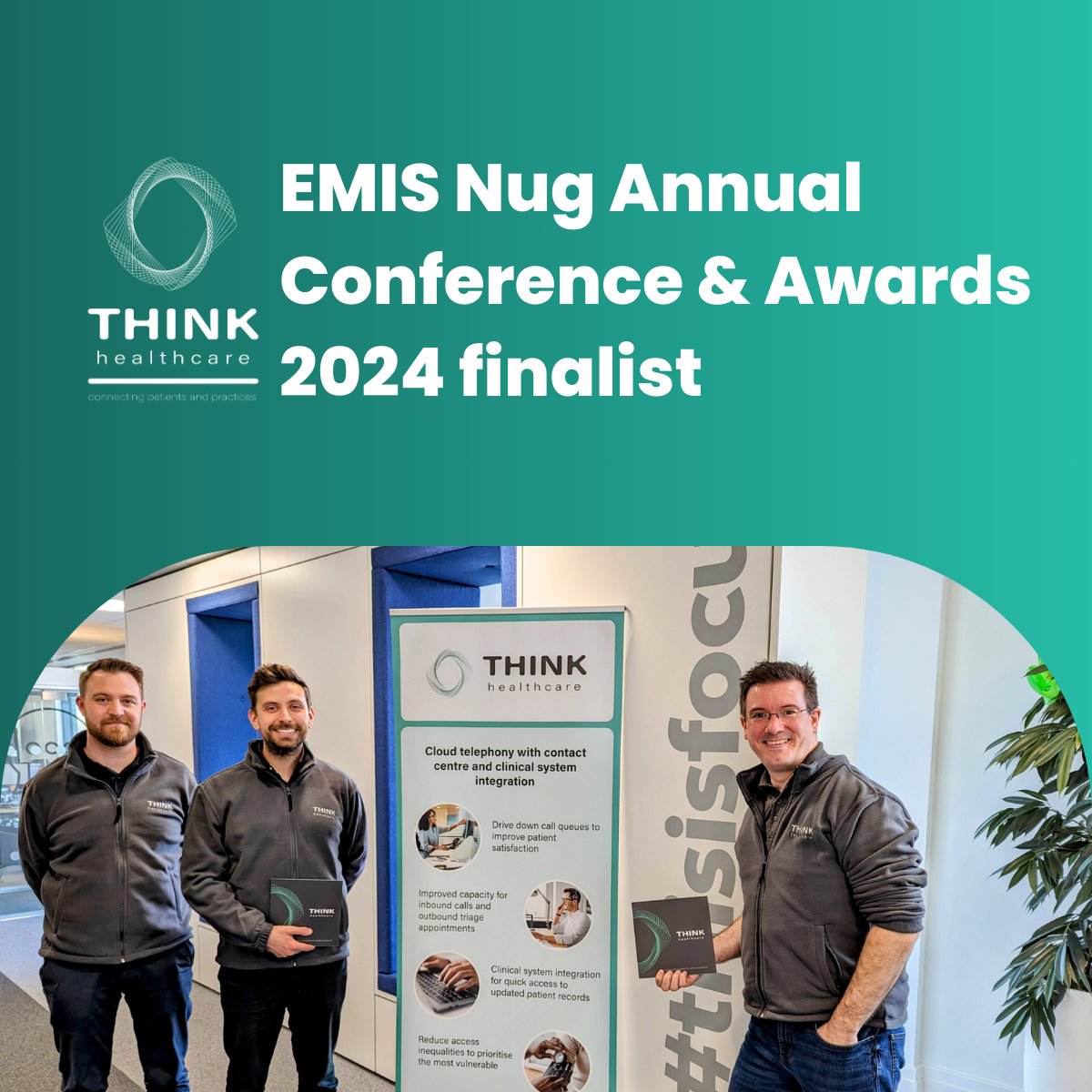 We are excited to have been shortlisted for the Best Integrated Telephony Solution 2024 award at the EMIS Nug Annual Conference &amp; Awards 2024. 

Congratulations to our Think Healthcare team and to our fellow category finalists!

#TelephonyInnovation #HealthcareAwards #EMISNug2024