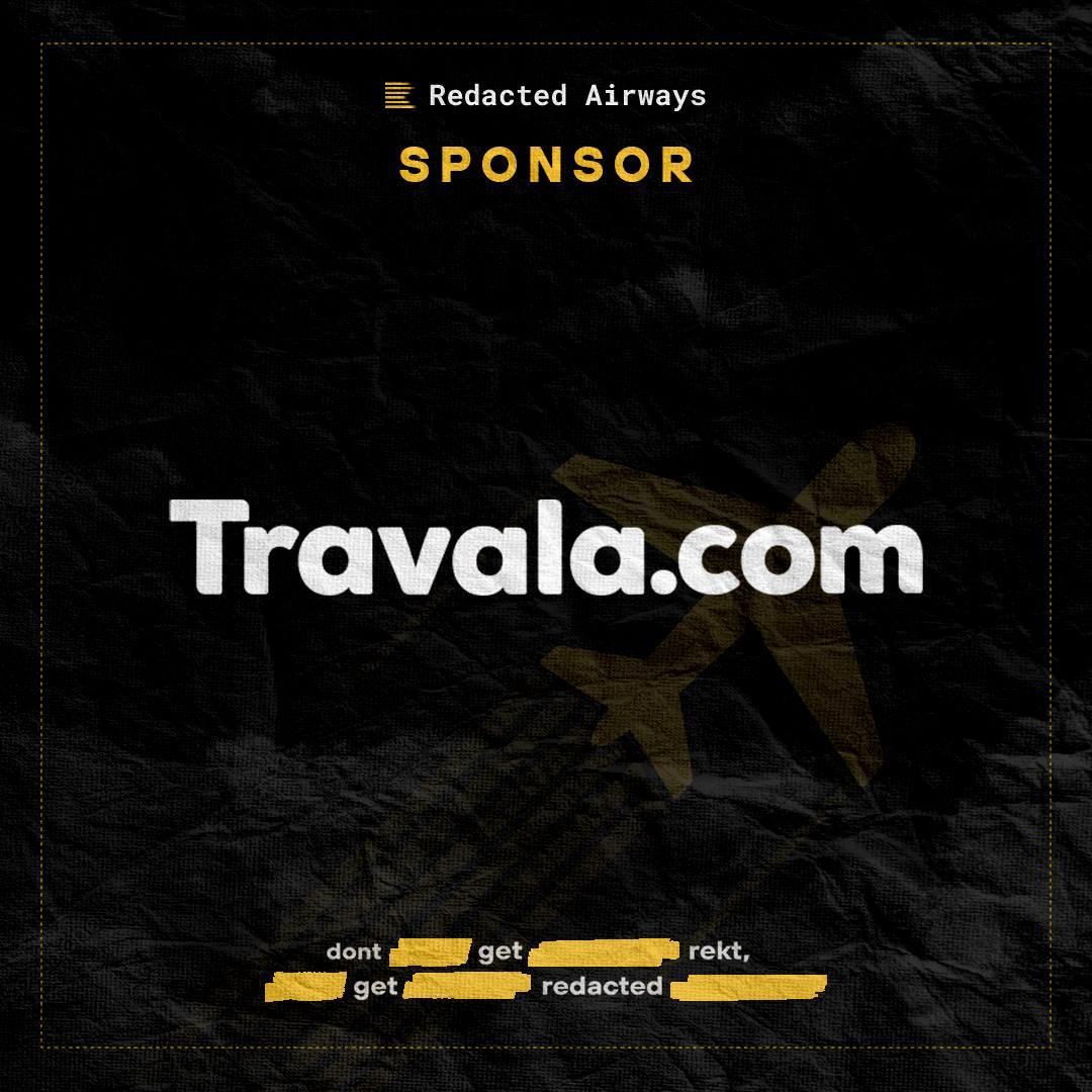 travalacom's tweet photo. Travala is a proud sponsor of Redacted Airways, powered by @redactedcoin

On this first-ever web3 flight event from Dubai to Singapore TOKEN2049 on Sep 15 for top founders, VCs &amp; KOLs, passengers will enjoy special drops &amp; benefits on https://t.co/CL8FxBfhms

See you in the sky✈️ https://t.co/023uvBwar0