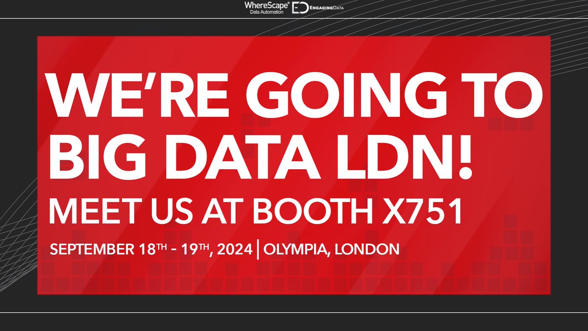 Engaging Data (@engagingdataltd) on Twitter photo Surprise!
We’re going to <a href="/BigData_LDN/">Big Data LDN - 24/25 Sept 25</a> and attending with <a href="/wherescape/">WhereScape</a> , woo!
🗓️ Date: 18th & 19th September
📍 Location: Olympia, London
📈 Booth Number: X751
Oh, and if you want a sneak peek, click this link: engagingdata.co.uk/were-going-to-… Surprise!
We’re going to <a href="/BigData_LDN/">Big Data LDN - 24/25 Sept 25</a> and attending with <a href="/wherescape/">WhereScape</a> , woo!
🗓️ Date: 18th & 19th September
📍 Location: Olympia, London
📈 Booth Number: X751
Oh, and if you want a sneak peek, click this link: engagingdata.co.uk/were-going-to-…
