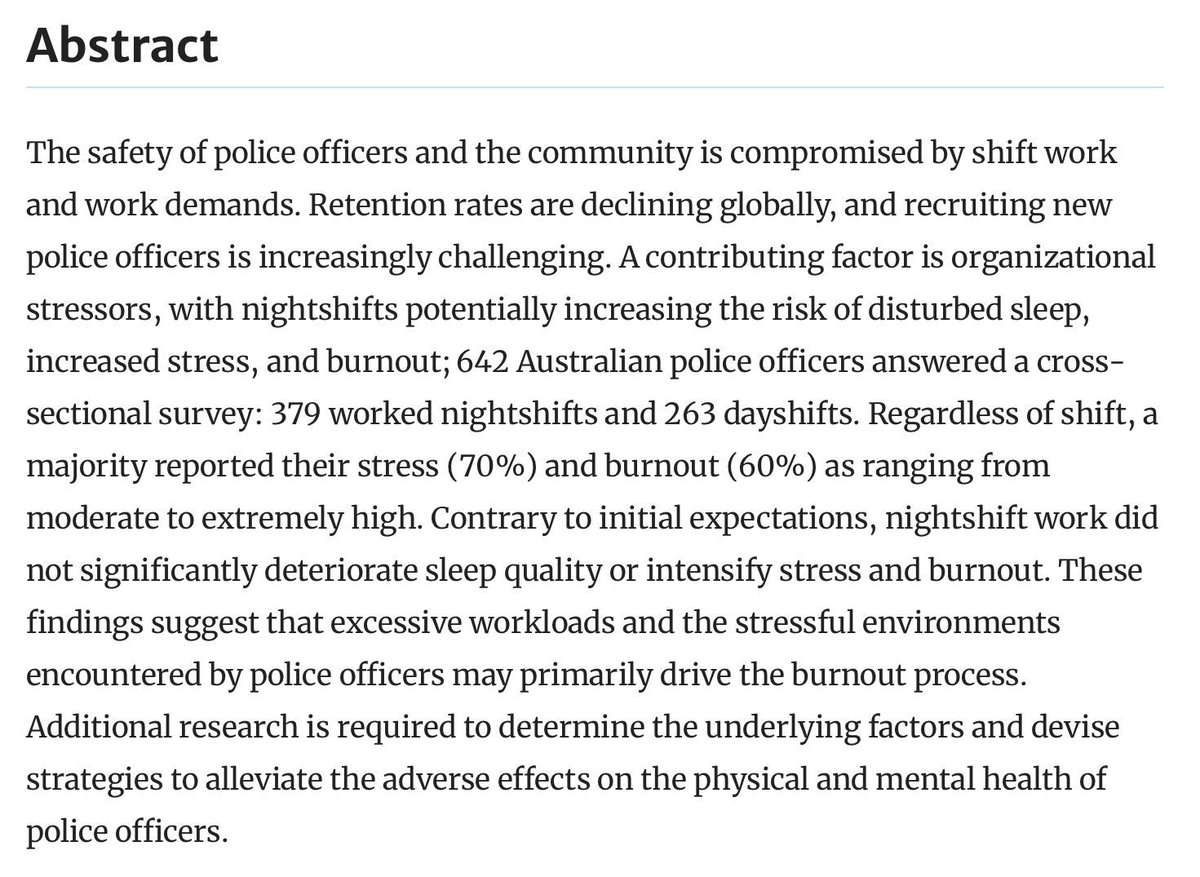 A survey of 🇦🇺 police officers found that burnout wasn’t mainly due to intrinsic parts of the job such as shift work, but due to excessive workloads and poor working conditions. Im afraid that lots of this will sound familiar to UK cops, too.

Details: doi.org/10.1007/s11896…
