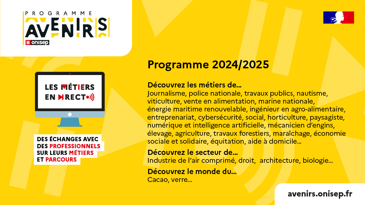 #Avenirs📌 Découvrez les #MétiersEnDirect avec vos élèves! ➡️Rencontrez des pros inspirants lors de rencontres virtuelles organisées par #Onisep dans le cadre de #DécouverteDesMétier 🔎 Enrichissez le parcours d'#orientation de vos élèves #collège #lycée👉ow.ly/Ou6V50SC9gg
