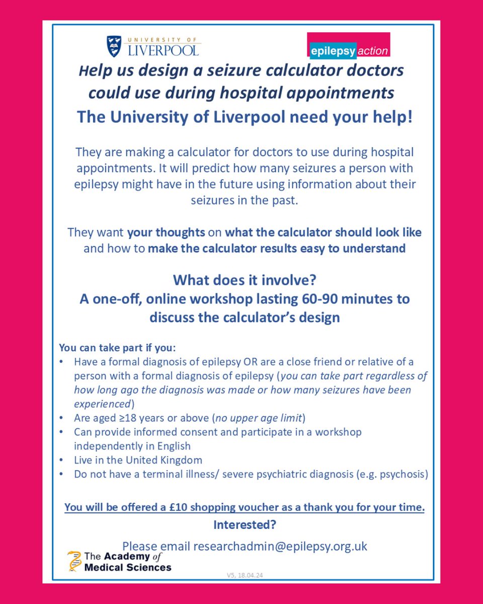 Do you have epilepsy, or care for someone who does? 

Epilepsy Action and researchers from the University of Liverpool are running online workshops to hear your views on a new ‘seizure calculator’. <a href="/LivUni/">University of Liverpool</a> 

For more information, please visit: mcrbkba1yzj.typeform.com/to/QA8ZJxJz