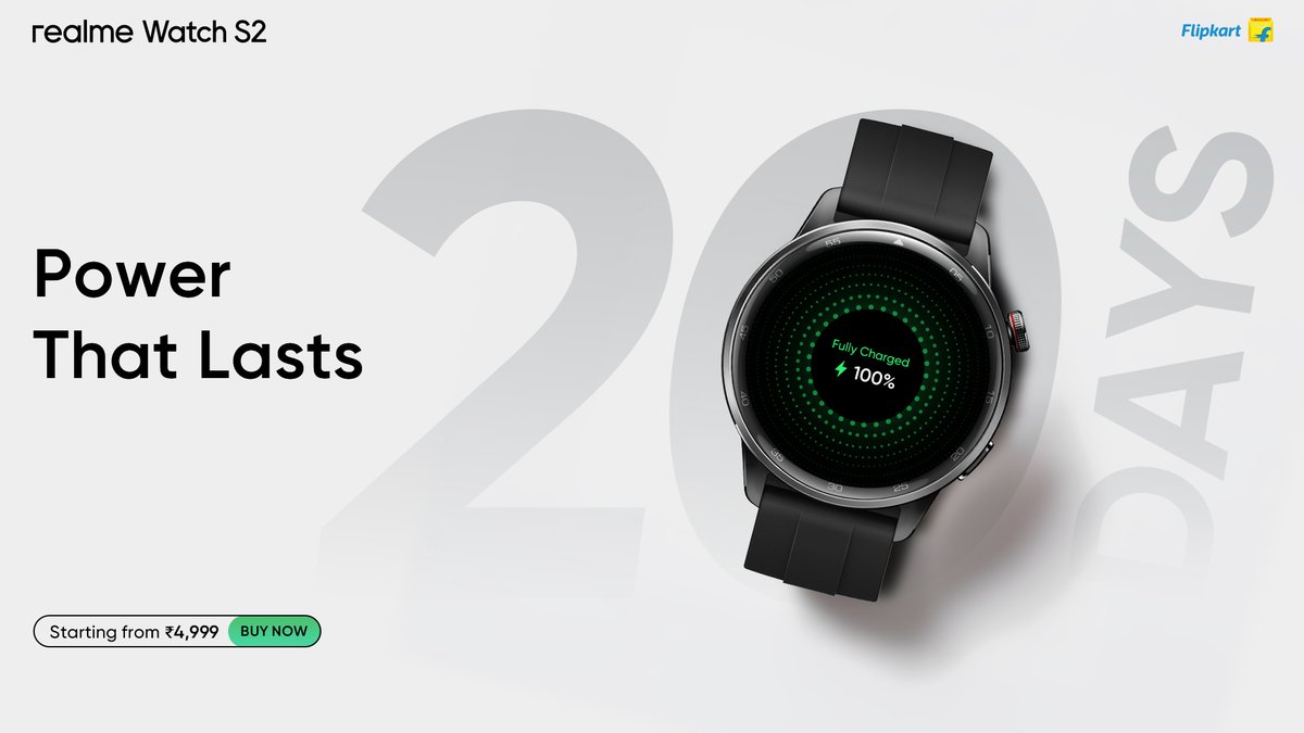 realmeIndia's tweet photo. Are you ready to experience the power of endurance redefined? 

The #realmeWatchS2 offers 20 days of battery life, stylish design, and a host of features to elevate your lifestyle.

Buy now: 
https://t.co/oHkAmuRUYN 
https://t.co/iGySfwAM80

#WearYourAI https://t.co/sYu3QDwyuK