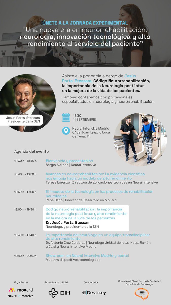 El próximo 11 de septiembre: apuntate a la Jornada en Neural Intensive en Madrid: JORNADA EXPERIMENTAL
"Una nueva era en neurorrehabilitación: neurología, innovación tecnológica y alto rendimiento al servicio del paciente" inscripcion en el enlace u1h8paiqwo5.typeform.com/to/jQey4M9m