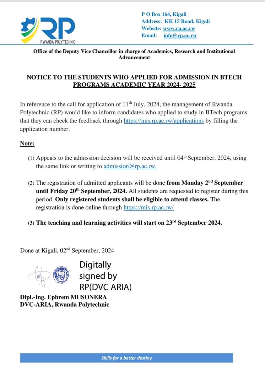 RwandaPolytec's tweet photo. 📌Notice to the students who applied for admission in Btech Programs Academic Year 2024-2025👇👇 https://t.co/Wqa08wEcOs