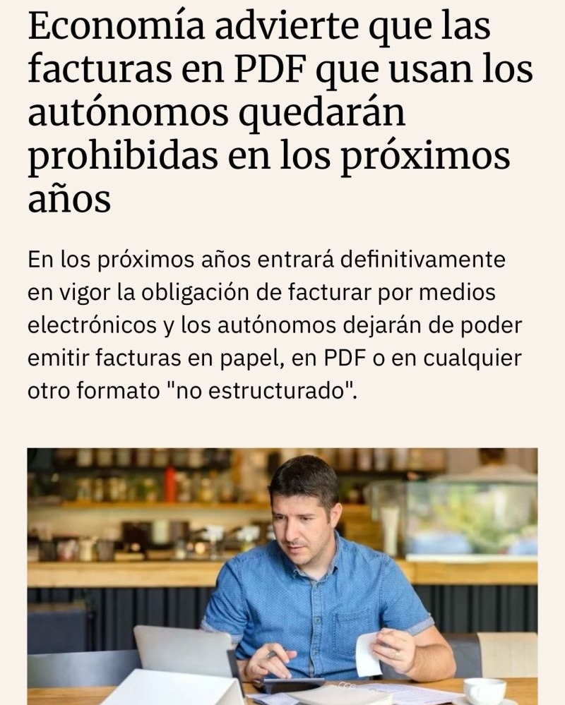 marcvidal's tweet photo. ❌ Si eres autónomo y tus facturas son un .pdf, vete despidiendo. En cuatro meses tendrás que emitirlas en formato electrónico. 

A partir de 2025, todas las empresas estarán obligadas a emitir facturas electrónicas que cumplan con los requisitos técnicos específicos establecidos por la normativa. Esto significa que las facturas deberán generarse y transmitirse a través de plataformas de facturación electrónica autorizadas. Además, todas las facturas emitidas deberán ser enviadas en copia a la Agencia Estatal de Administración Tributaria (AEAT) para su registro y control.

El nuevo sistema permitirá a las empresas elegir entre diferentes opciones:

1. Plataformas privadas de intercambio de facturas. No todas serán válidas, sólo las certificadas.

2. Solución pública de facturación electrónica. Esta será gestionada por la Agencia Tributaria y estará disponible para todas las empresas que prefieran no usar plataformas privadas. Ya verás como esta si funcionará bien y no como el resto de plataformas públicas. Ya verás.

Este cambio obligará a las empresas y autónomos a adaptarse independientemente del gasto que suponga, el tiempo que se pierda o lo que sea.