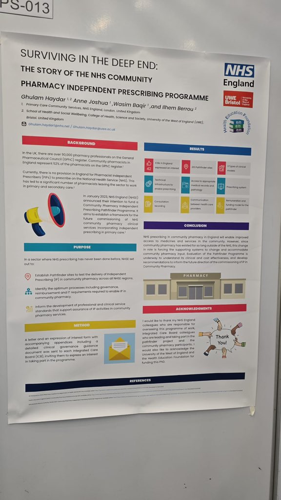 Great to see our poster on independent prescribing in community pharmacy presented at <a href="/FIP_org/">FIP</a> South Africa by <a href="/ghulamesposito/">Ghulam | Esposito | Haydar</a> 

#IPPathfinders 
#FIPCongress