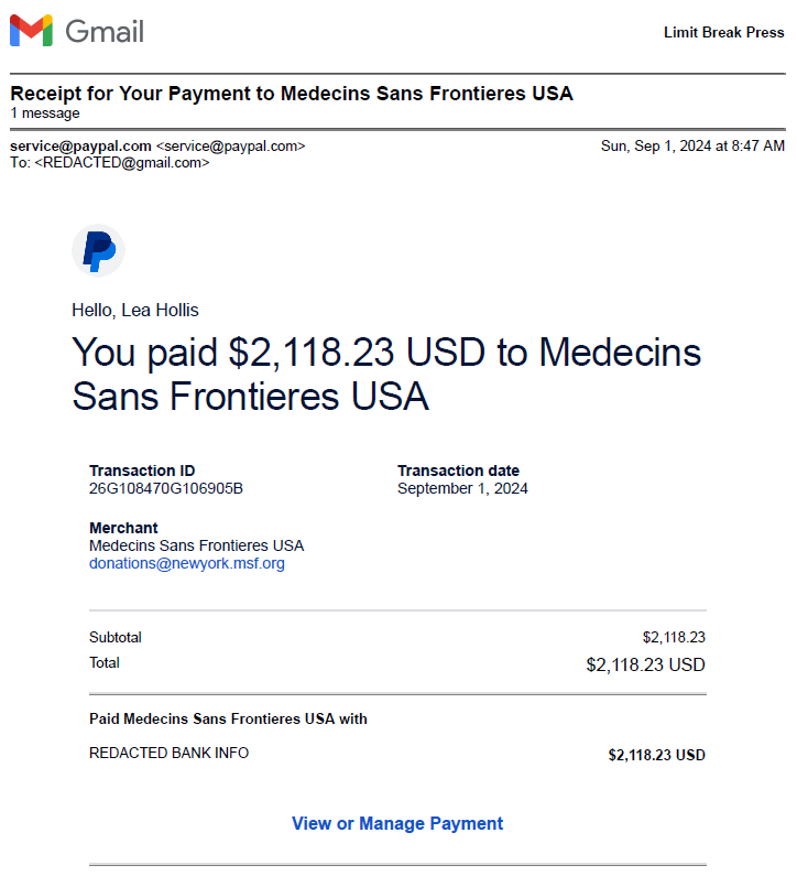 We raised $2118.23 for Doctors Without Borders!

Thank you so much everyone! 💜