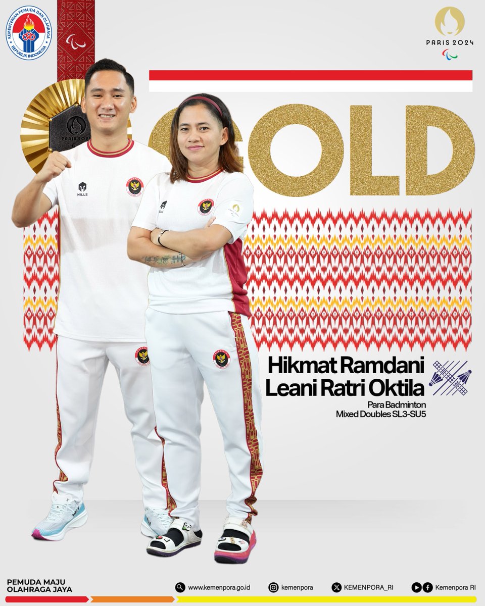 🥇EMAS PERTAMA UNTUK INDONESIA! 🇮🇩

Sobatpora, kontingen Indonesia berhasil meraih medali emas pertama di Paralimpiade @paris2024 melalui pasangan ganda campuran bulu tangkis, Hikmat Ramdani/Leani Ratri Oktila