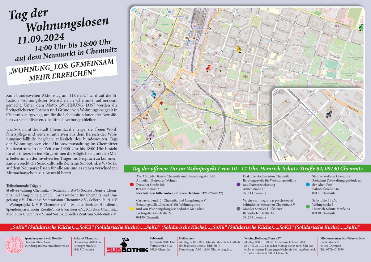 Selbsthilfe91's tweet photo. Tag der Wohnungslosen am 11.09.2024, 14-18 Uhr
auf dem Markt in Chemnitz unter dem Motto „WOHNUNG_LOS: Gemeinsam mehr erreichen“
#tagderwohnungslosen #selbsthilfe91 #chemnitz #wohnungslos #sozialeschemnitz #nichtwegschauen https://t.co/DQx4Dsrz4T