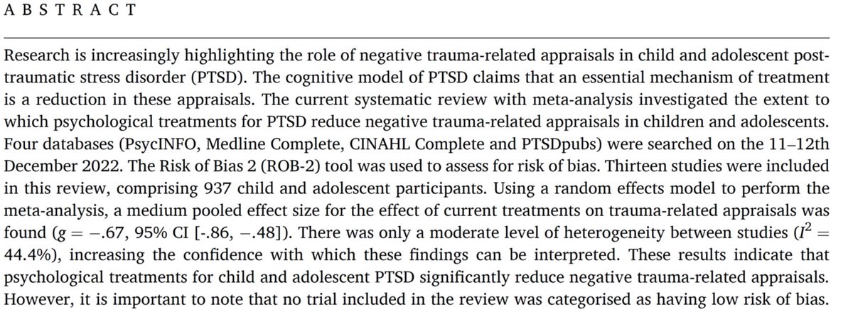 R Meiser-Stedman (@rmeiserstedman) on Twitter photo Do #PTSD treatments in children and young people reduce trauma-related appraisals? Charlotte Smith's <a href="/UEA_ClinPsyD/">UEA Clinical Psychology</a> meta-analysis. Open access sciencedirect.com/science/articl… with <a href="/BirkelandMs/">Marianne S. Birkeland</a> Cat, George, Thanos & Tine Do #PTSD treatments in children and young people reduce trauma-related appraisals? Charlotte Smith's <a href="/UEA_ClinPsyD/">UEA Clinical Psychology</a> meta-analysis. Open access sciencedirect.com/science/articl… with <a href="/BirkelandMs/">Marianne S. Birkeland</a> Cat, George, Thanos & Tine