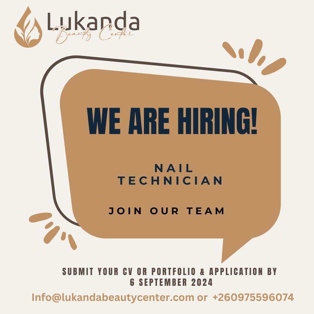 Join our amazing team of professionals as a Nail Technician. We would love to hear from you and see your amazing work. Reach out: info@lukandabeautycenter.com or  +260975596074 #jobopportunity #nailsnailsnails #lusaka #zambia #lukandabc