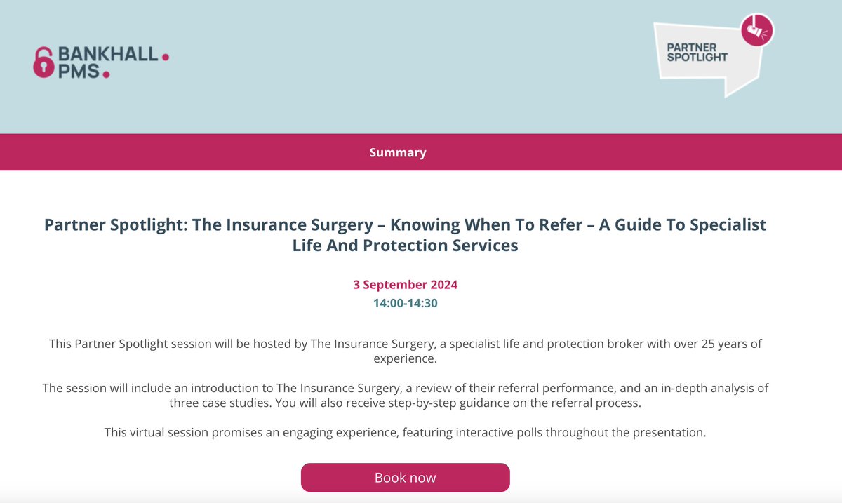 The Insurance Surgery is hosting a webinar through PMS on the importance of protection, where we will showcase referral examples and highlight the benefits of referring. 

To register for the webinar, please follow the link below. 
hubs.li/Q02MkFBR0

#WriteItOrReferIt