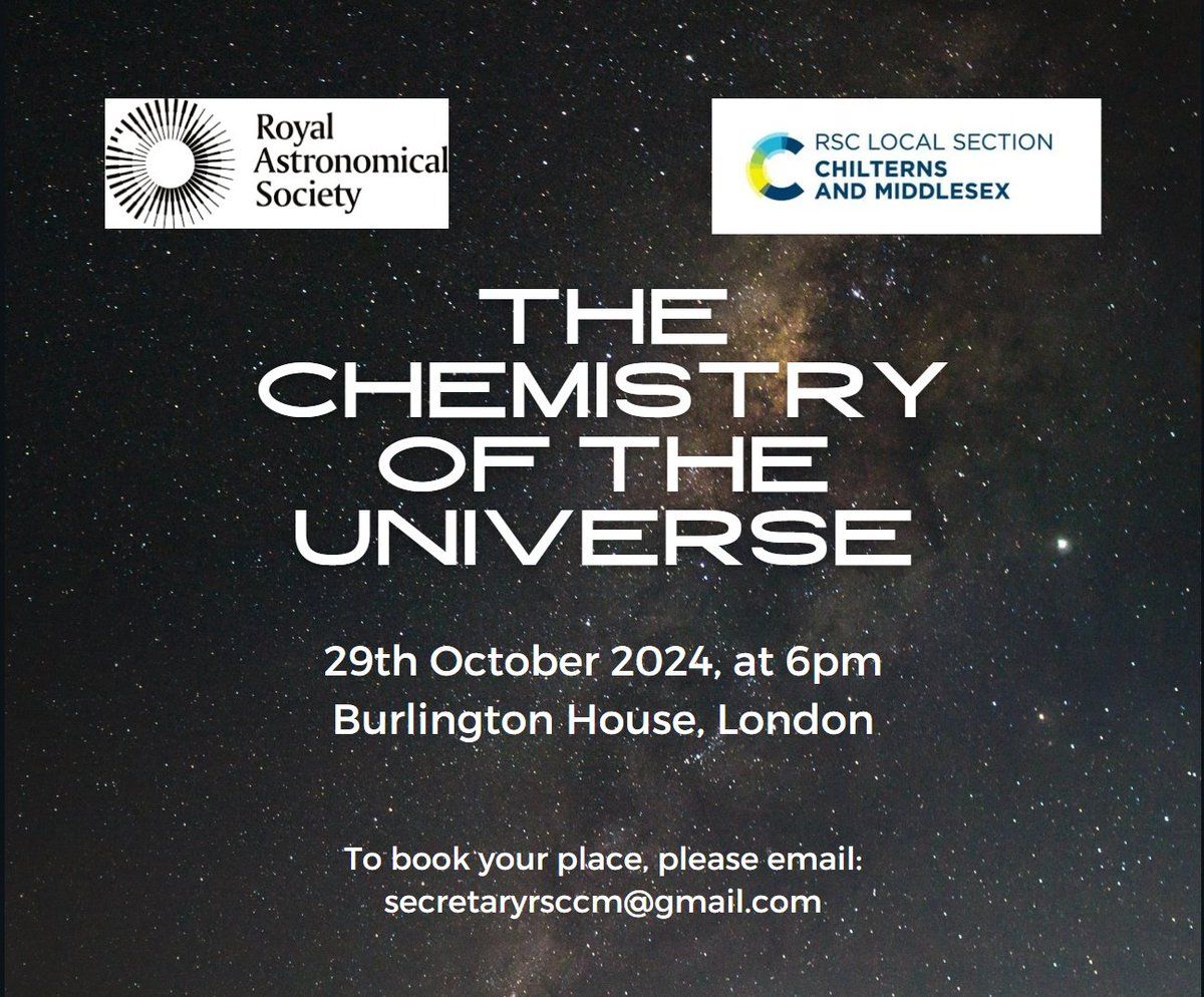 RoyalAstroSoc's tweet photo. Want to come and explore the chemistry of the Universe?

Our ex-president Mike Edmunds will be delving into this for the @RoySocChem's Humphry Davy Lecture, in collaboration with the @RoyalAstroSoc and @RSC_Chilterns.

⏰ 18:00-20:30
📅 29th October
📍 Burlington House, London https://t.co/wp7vx9Nbwu
