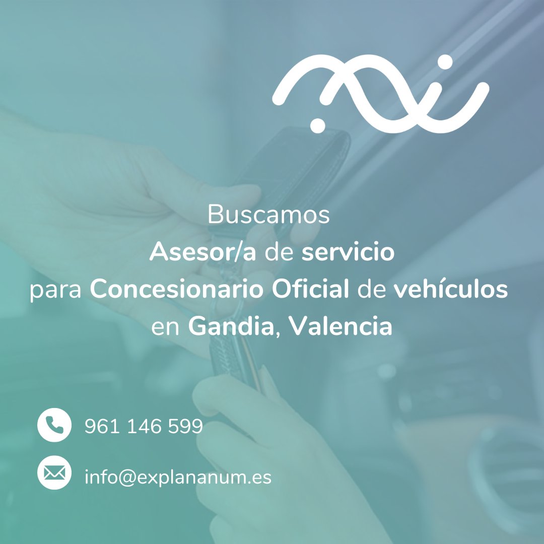 ExplanandumRRHH's tweet photo. Iniciamos búsqueda de asesor/a de servicio para Concesionario Oficial de vehículos situado en Gandia, Valencia. 

#Explanandum #Hiring #Empleo #Automoción #Trabajo #Vacante #Motor #Job #2Septiembre #Septiembre2024 #Concesionario #Coches #FelizLunes https://t.co/pklgug1iNo