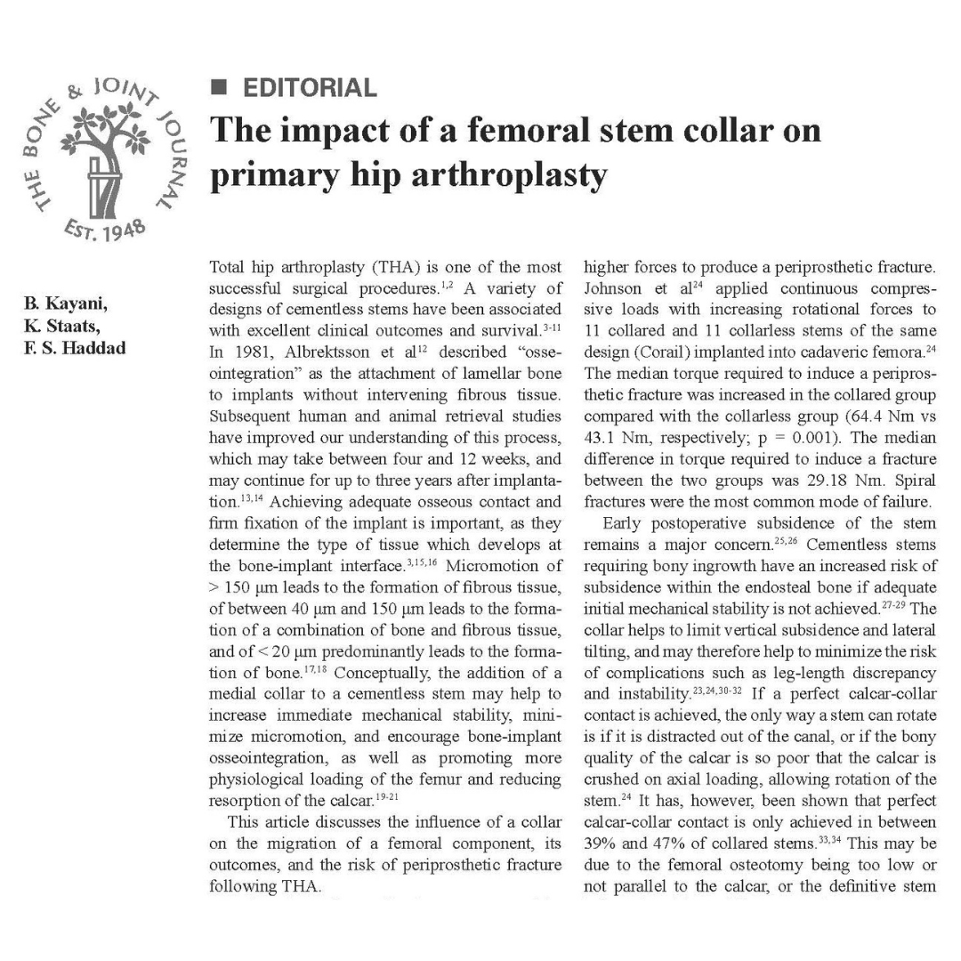 BoneJointJ's tweet photo. There appears to be increasing interest in the use of collared cementless components, and time will tell whether they will become the predominant choice of femoral component in primary THA.

#BJJ #Arthroplasty #OrthoTwitter @bjjeditor

https://t.co/IcDcp7mwo9 https://t.co/LroRYeCWRS