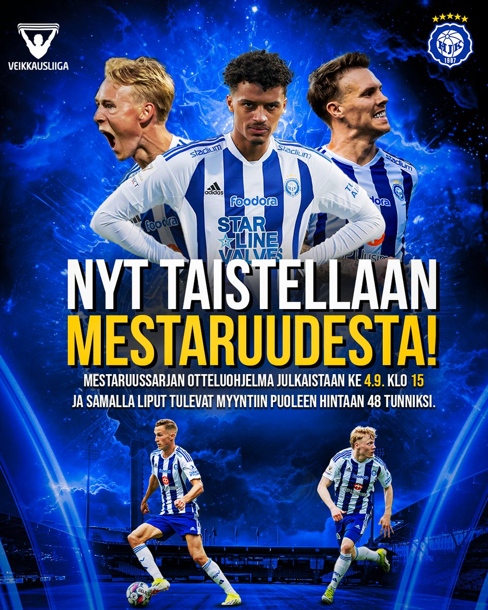 hjkhelsinki's tweet image. Mestaruustaisto alkaa 

🔁 Paina repost, ja voit voittaa yllätyspalkinnon

🔹 Mestaruussarjan kotipelien liput myyntiin KE 4.9. klo 15. Liput heti 48 tunnin ajan puoleen hintaan
🔹 Kausikortit nyt puoleen hintaan. Kausarilla etuosto-oikeus europeleihin

#HJK #Veikkausliiga