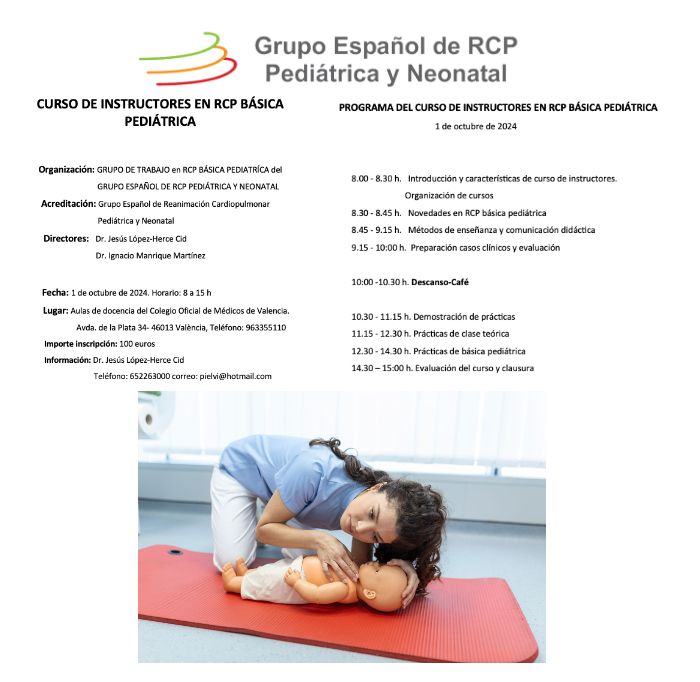 I curso de Instructores de RCP BASICA PEDIÁTRICA del Grupo de Trabajo en RCP Básica Pediátrica del <a href="/gercppyn/">@GERCPPYN</a> 
🗓️: 1 de Octubre de 2024
🧭: Colegio Oficial de Médicos (Valencia)
⏰: 8:00h - 15:00h
✉️: Información sobre inscripciones en la imagen.