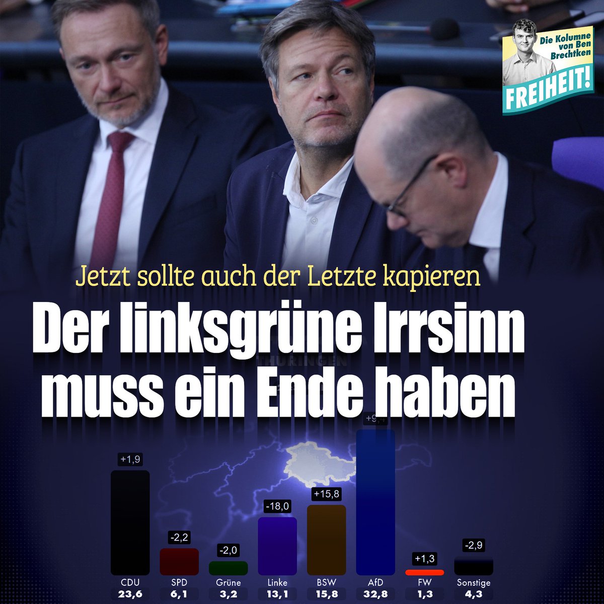 Wenn in dem Bundesland mit dem historisch linkesten Ministerpräsidenten in Zeiten der historisch linkesten Bundesregierung und nach einem Wahlkampf mit unzähligen linken Attacken auf die AfD und mahnenden Dauerappellen an die Wähler ausgerechnet die Höcke-AfD so einen Erfolg