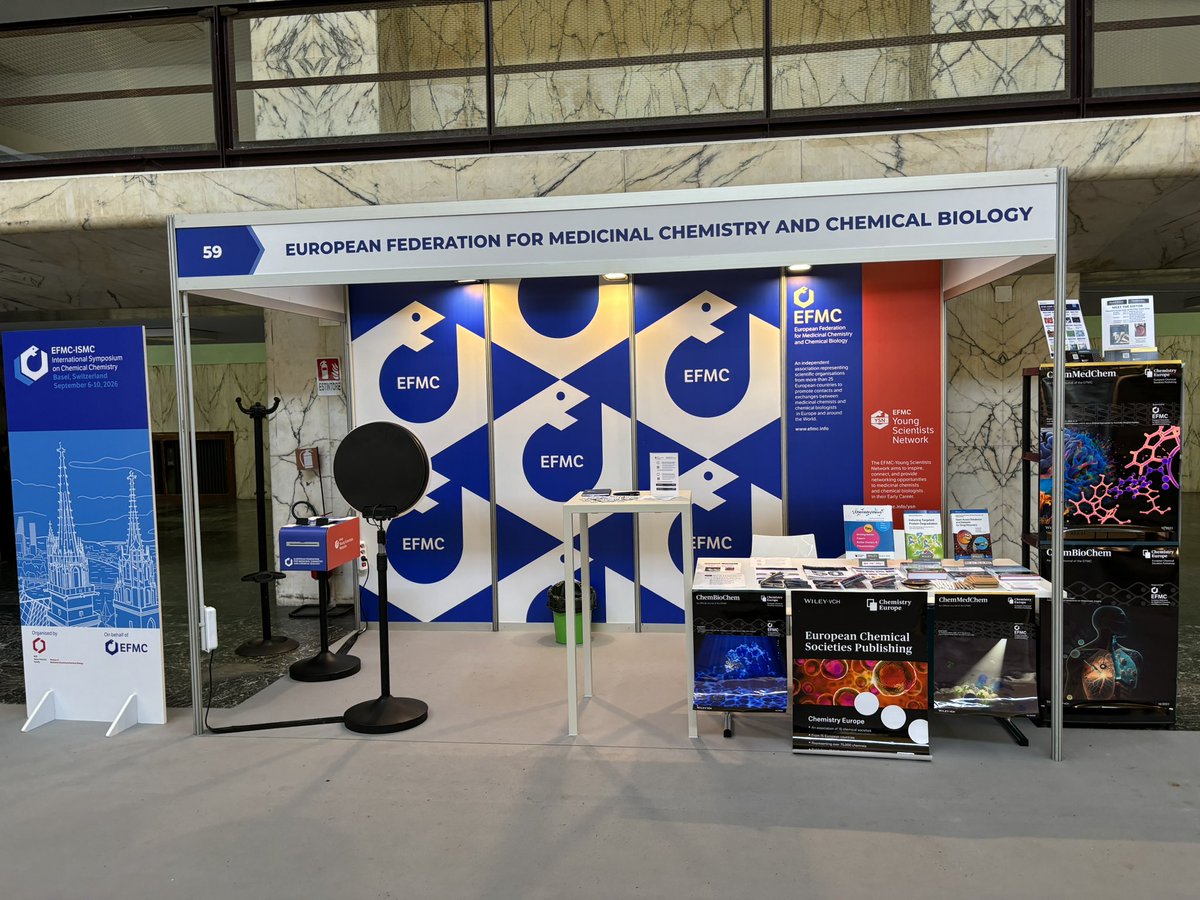 ChemMedChem's tweet image. If you're at #EFMCISMC24, visit us at EFMC Booth #59 to learn more about @ChemEurope! Get @Wiley_Chemistry book discounts, writing guides, special issues, cool pens &amp;amp; coasters! Meet our EiC! Then visit the @YoungSciNet Photo Booth for a souvenir. @EuroMedChem #medchem #chembio