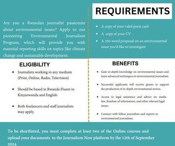 GIJN Africa (@gijnafrica) on Twitter photo 📣 <a href="/LegalAid_Rwanda/">Legal Aid Forum Rwanda</a> has launched an Environmental Journalism Training Program for accredited Rwandan journalists based in Rwanda.
Journalists will gain essential skills & legal support to effectively report on environmental issues.
Apply by September 9. buff.ly/3AQkeXX 📣 <a href="/LegalAid_Rwanda/">Legal Aid Forum Rwanda</a> has launched an Environmental Journalism Training Program for accredited Rwandan journalists based in Rwanda.
Journalists will gain essential skills & legal support to effectively report on environmental issues.
Apply by September 9. buff.ly/3AQkeXX