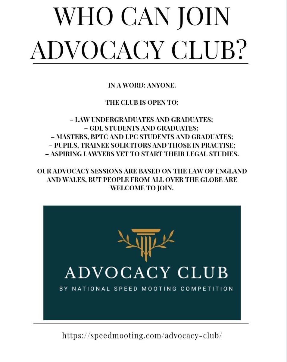It is a new month, which means we have two more fun-filled advocacy sessions at the Advocacy Club.

This month, members will have the opportunity to give a presentation and to perform a closing speech. 

For more information about the Advocacy Club, visit speedmooting.com/advocacy-club