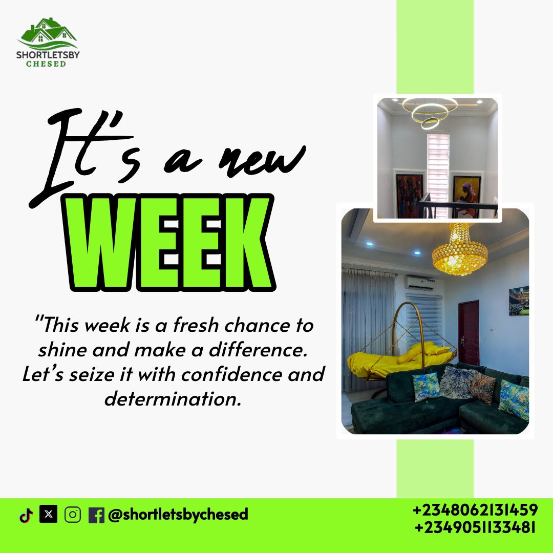 chesedshortlets's tweet image. #newweek
Welcome to a fresh week! Embrace new opportunities and challenges with enthusiasm. Each day is a chance to set new goals, learn something new, and grow.
Keep your focus sharp and your spirit high.

#shortletsbychesed #chesedhomes #shortletsapartmentinlekki #explorepage