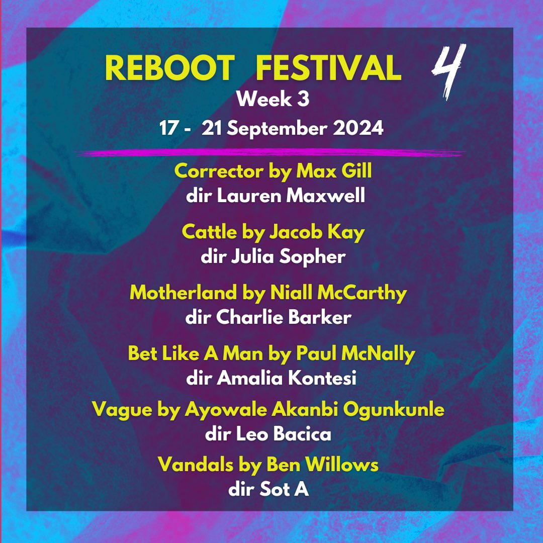 Jacob Kay (@kaycobjay) on Twitter photo Excited that my short play Cattle is being performed at this year’s Reboot Festival, courtesy of <a href="/BaronsCourt_W14/">Barons Court Theatre</a> and <a href="/KiboProductions/">Kibo Productions</a>
17th-21st September every night alongside five other brilliant new writing pieces! Ticket link here: baronscourttheatre.com/reboot2024 Excited that my short play Cattle is being performed at this year’s Reboot Festival, courtesy of <a href="/BaronsCourt_W14/">Barons Court Theatre</a> and <a href="/KiboProductions/">Kibo Productions</a>
17th-21st September every night alongside five other brilliant new writing pieces! Ticket link here: baronscourttheatre.com/reboot2024