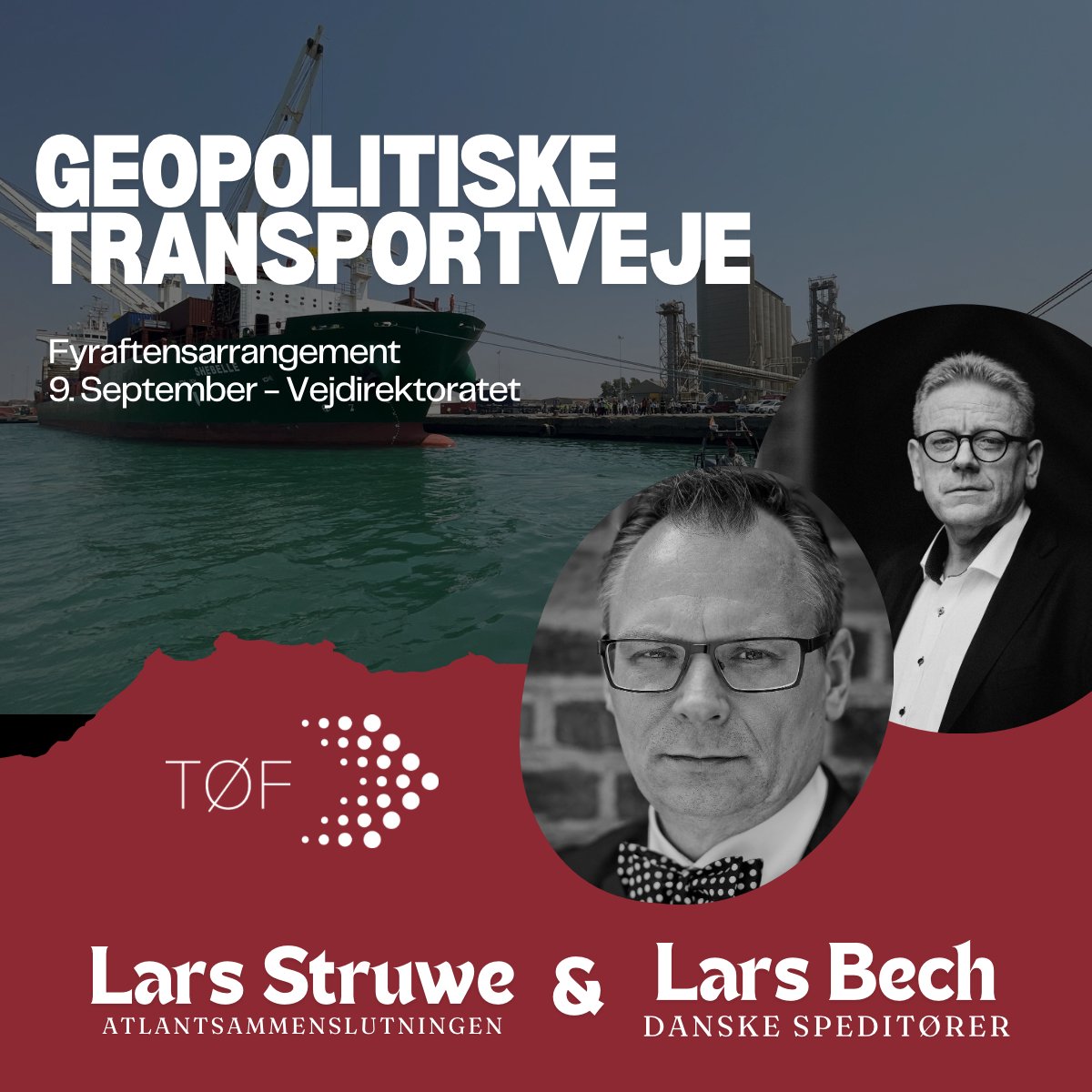 TØF har inviteret <a href="/LarsBStruwe/">Lars Bangert Struwe</a> (Atlant) og Lars Bech (<a href="/danskespeditoer/">Danske Speditører</a>) til en samtale om de geopolitiske udfordringer, transporten møder. Spærrede luftveje over Rusland, houthier i Adenbugten, spændinger i Taiwan-strædet og meget andet. tilmeld dig her:
toef.nemtilmeld.dk/164/