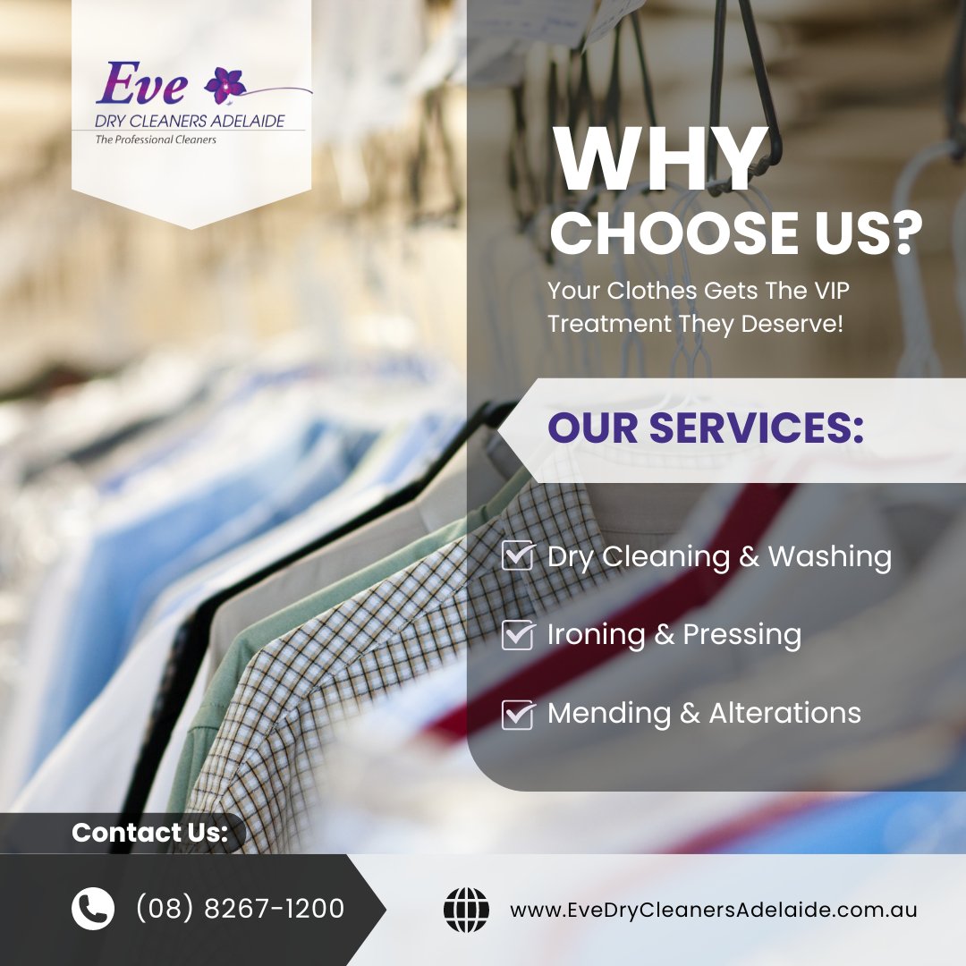 CleanersEve's tweet image. We blend cutting-edge technology with eco-friendly solutions to banish stains and refresh your wardrobe.

Schedule an appointment today 📞 (08) 8267 1200

#CleanWithCare #LaundryPerfection #CrispAndClean #SpotlessLaundry #ProfessionalDryCleaning #EveDryCleaners #Adelaide