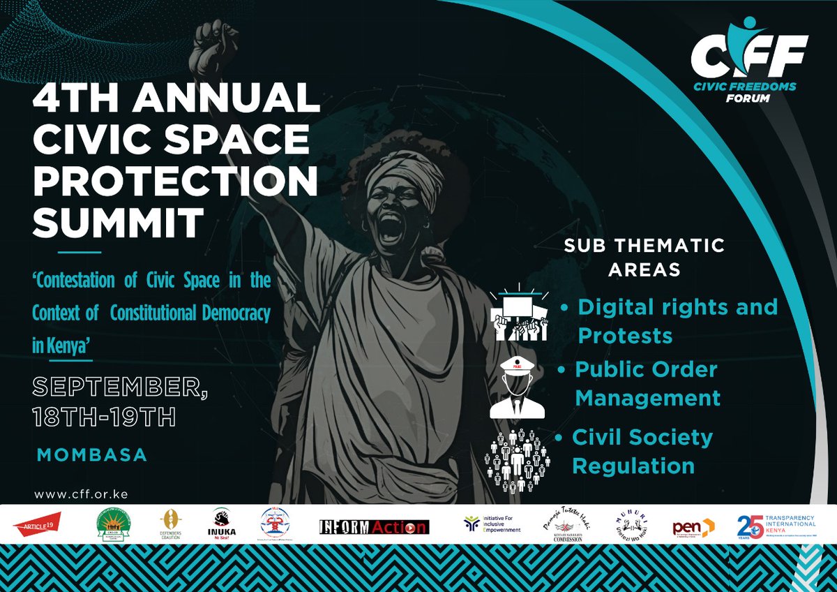 cff_kenya's tweet image. The countdown to the 4th CSPS begins!! ⏰. This year&apos;s theme will be broken down to: 
1. Public order management 
2. Digital activism and internet freedom in Kenya.
3. Civil Society Regulation.
#CSPS4
#CivicSpace