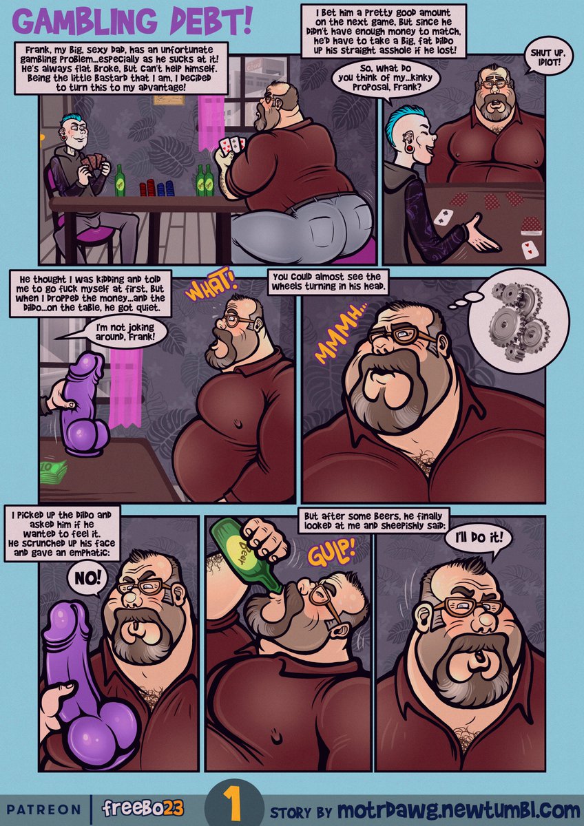 freebo23's tweet photo. "GAMBLING DEBT" Since Gumroad banned me, I’ve decided to share this old comic with all of you! I’m hoping it gets plenty of likes and reblogs, as I’ve noticed my posts here usually only get a few hundred likes, which is frustrating given that I have 56k followers. So this is also a test! I hope you like Andy playing whit his dad's big ass! Last page in the comments ;)